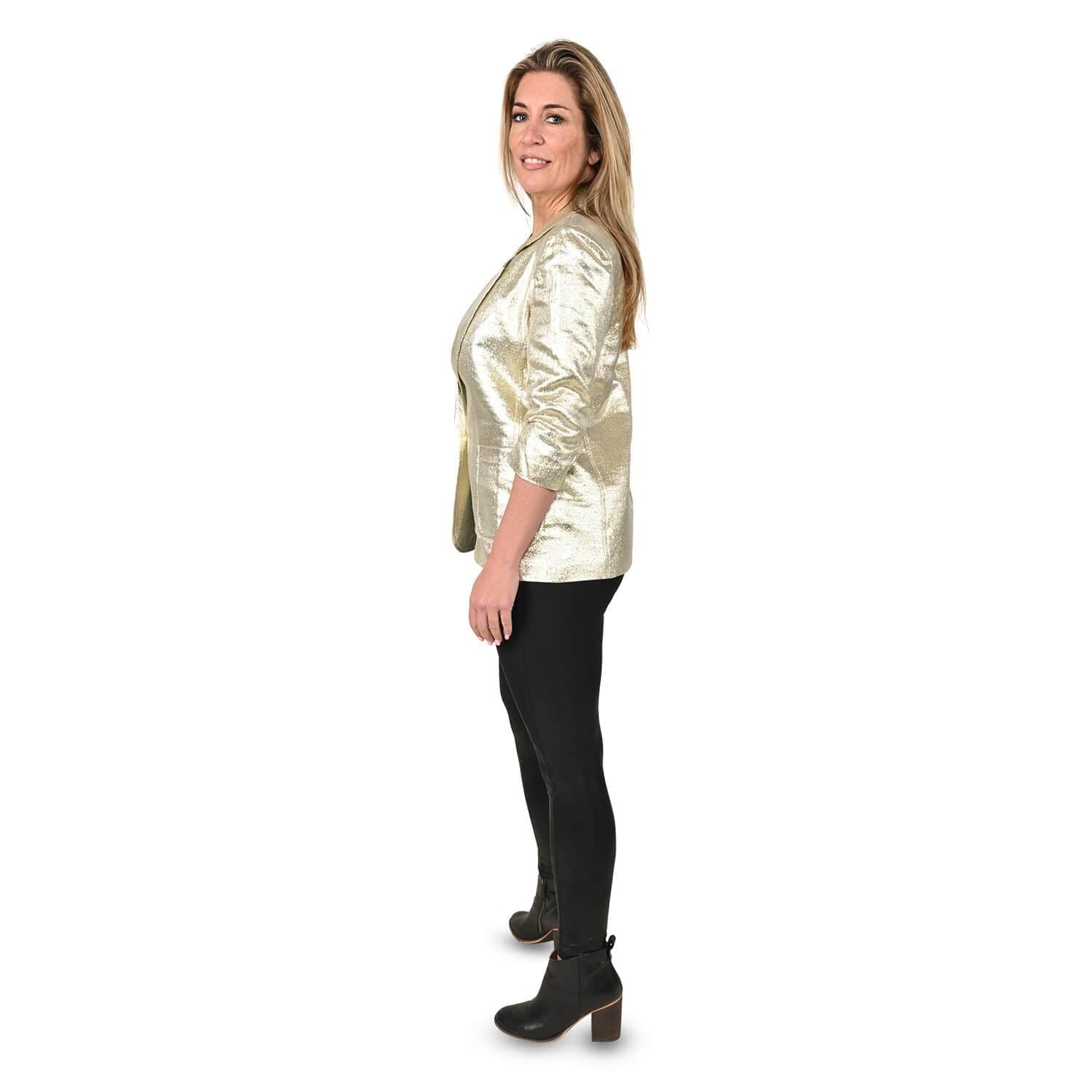 TAMSY Women's Gold Metallic Blazer Jacket - Button Closure Long Sleeve Formal Blazer Size Medium | Perfect for Office Wear, Birthday Gifts & Special Occasions
