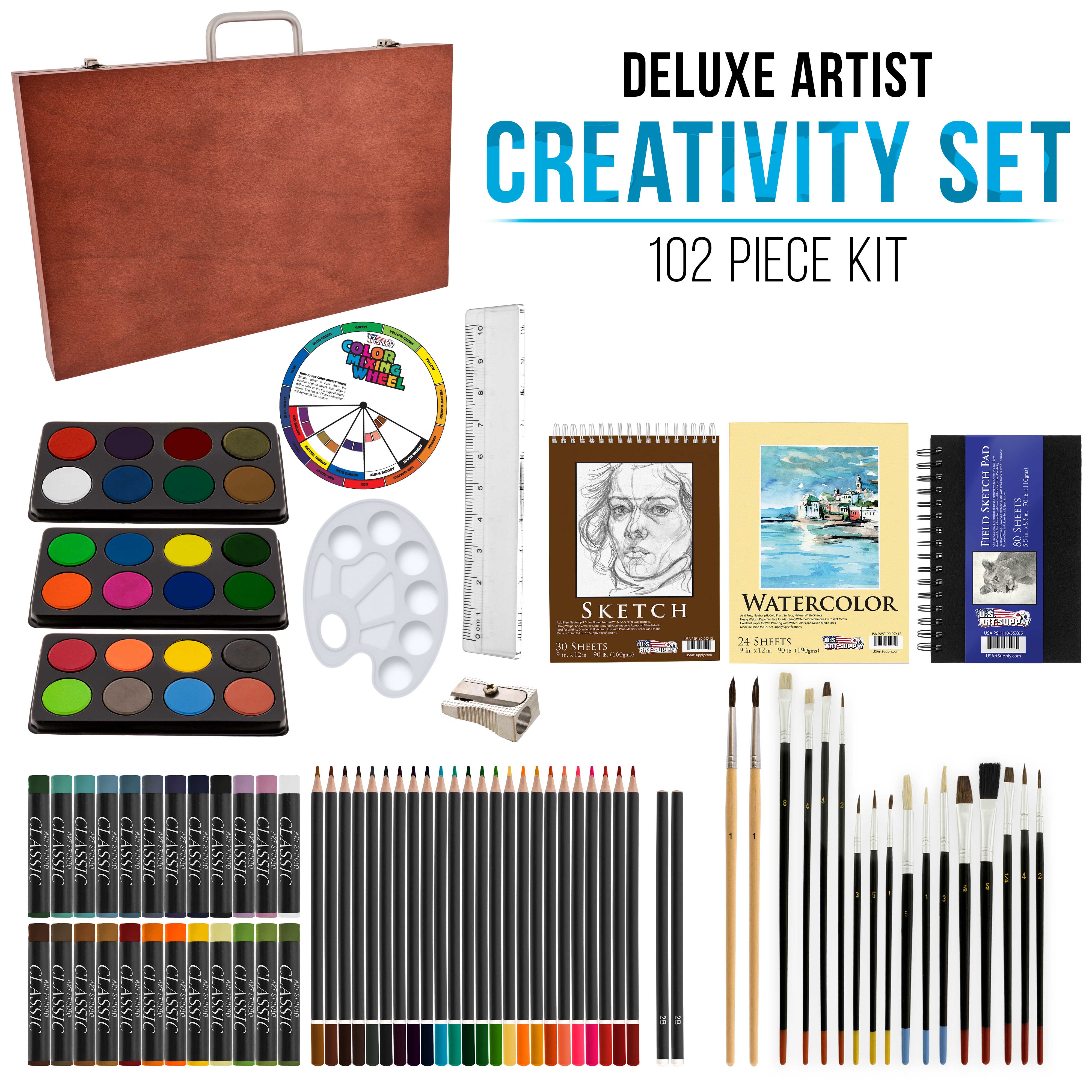 102-Piece Deluxe Artist Painting & Sketching Set with Wooden Case - 24 Watercolor Paints, 17 Brushes, 24 Colored Pencils - Perfect for Beginners & Professional Artists, Home Studio & Classroom Art Projects