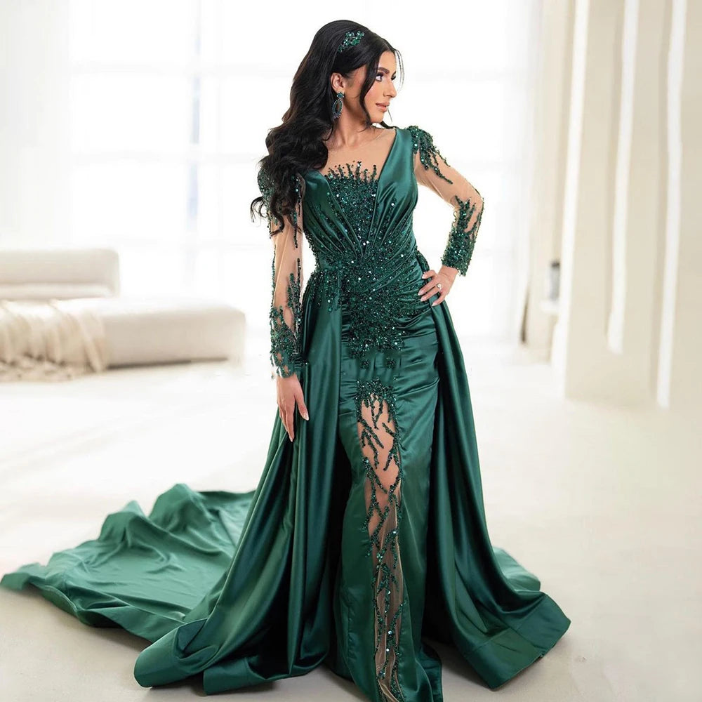 Serene Hill Luxury Dubai Green Mermaid Lace Beaded Satin Evening Dress for Women - Formal Gown for Wedding, Party & Special Occasions 2025 Collection LA72202A