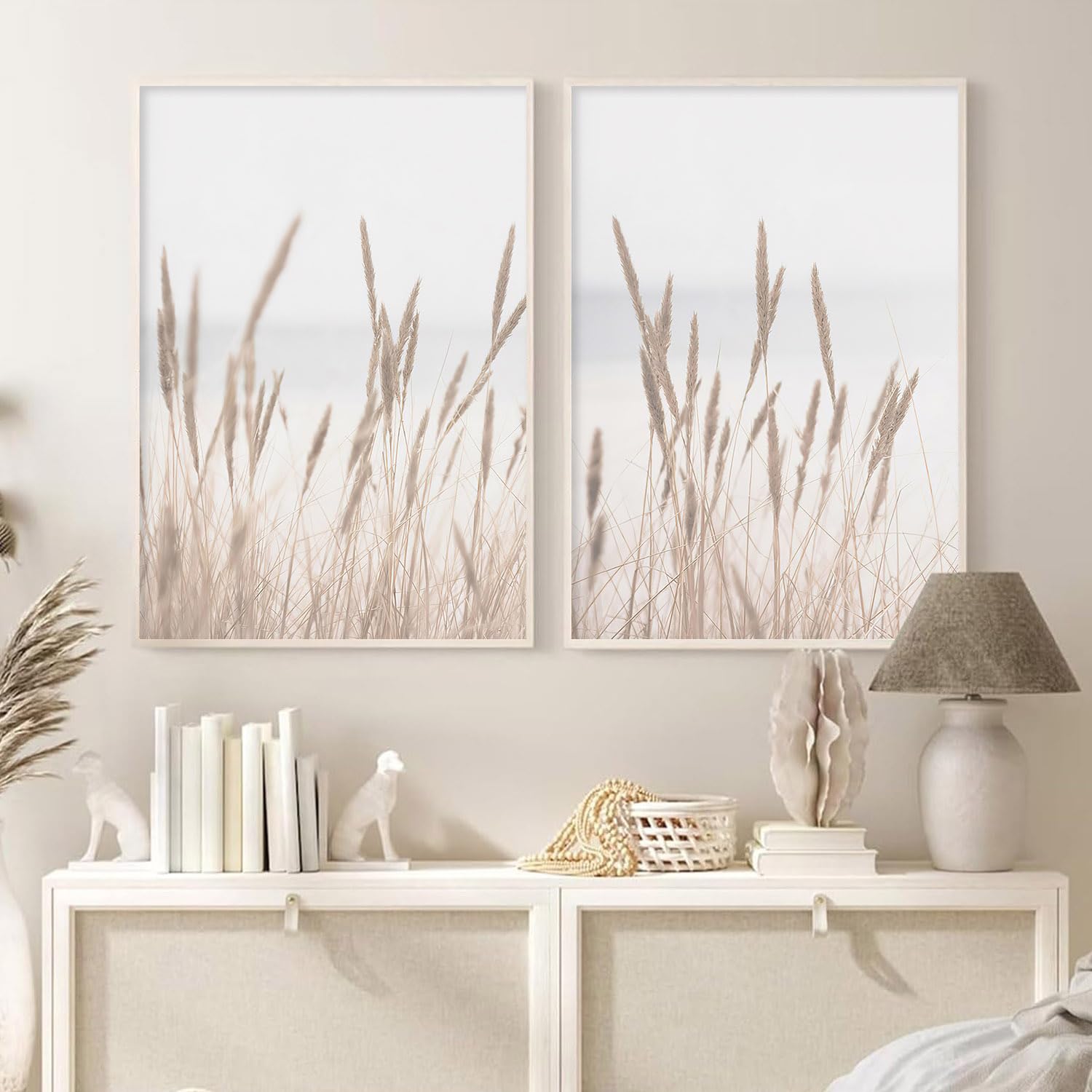 Boho Pampas Grass Canvas Wall Art - Beige Minimalist Dried Pampas Grass Beach Painting - Coastal Home Decor for Living Room, Bedroom & Office - Unframed Modern Wall Decor