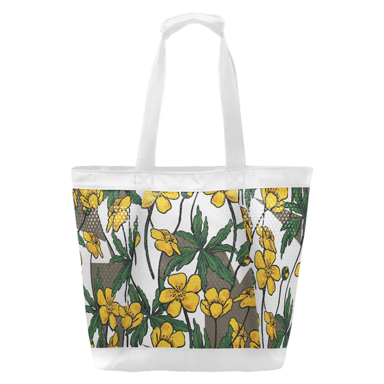 J JOYSAY Buttercup Anemone Floral Mesh Beach Tote Bag - Large Water-Resistant Packable Carry-On Beach Bag for Women | Perfect for Pool, Vacation & Summer Travel Accessories