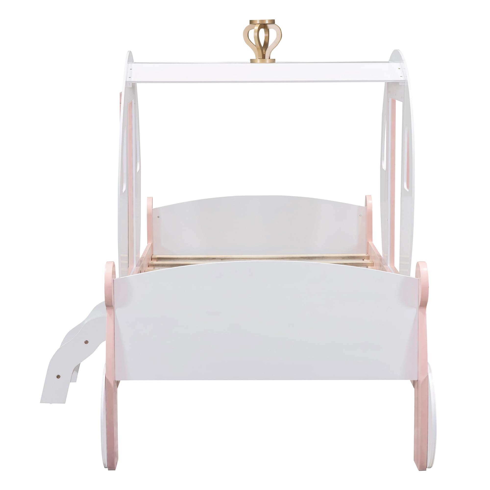 **Princess Carriage Bed for Girls - Twin Size Wooden Platform Bed with Crown & Stairs, White & Pink - Perfect for Kids' Bedroom, Fairy Tale Themed Room & Sleepover Fun**