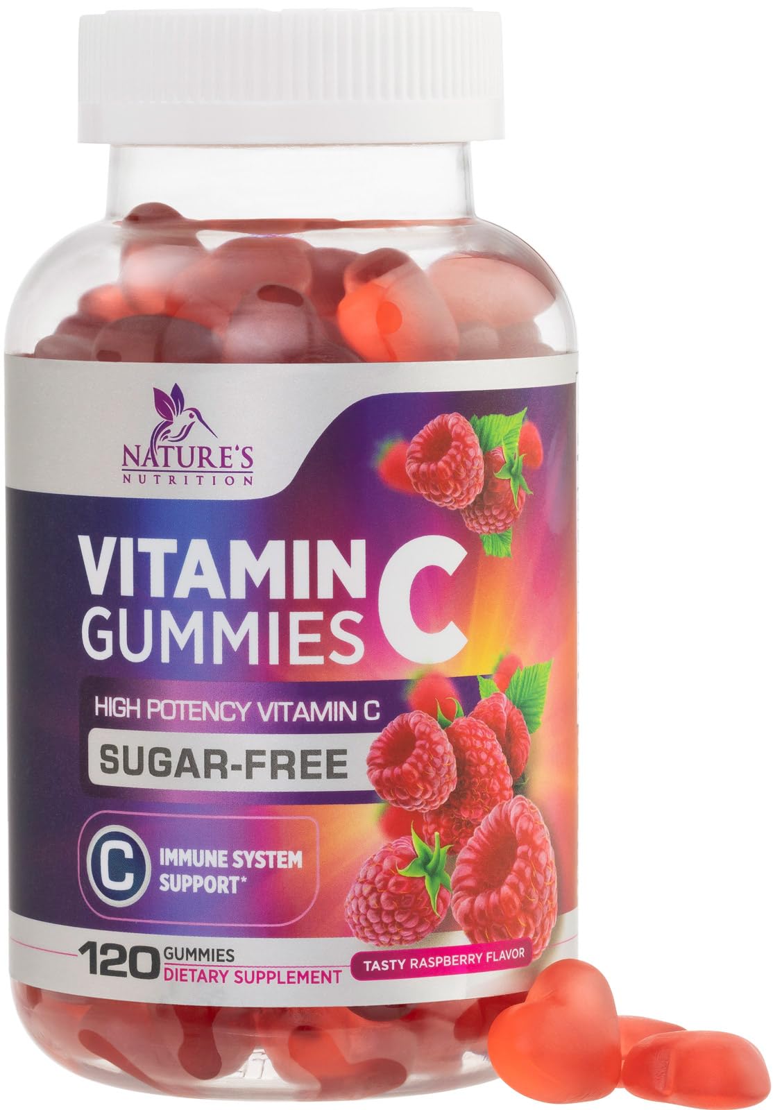 Zero Sugar Vitamin C Gummies for Immune Support - Antioxidant Rich Vitamin C Supplement - Vegan, Non-GMO, Gluten & Dairy Free - Delicious Raspberry Flavor for Kids & Adults - 120 Count - Perfect for Daily Immunity Boost & Healthy Lifestyle