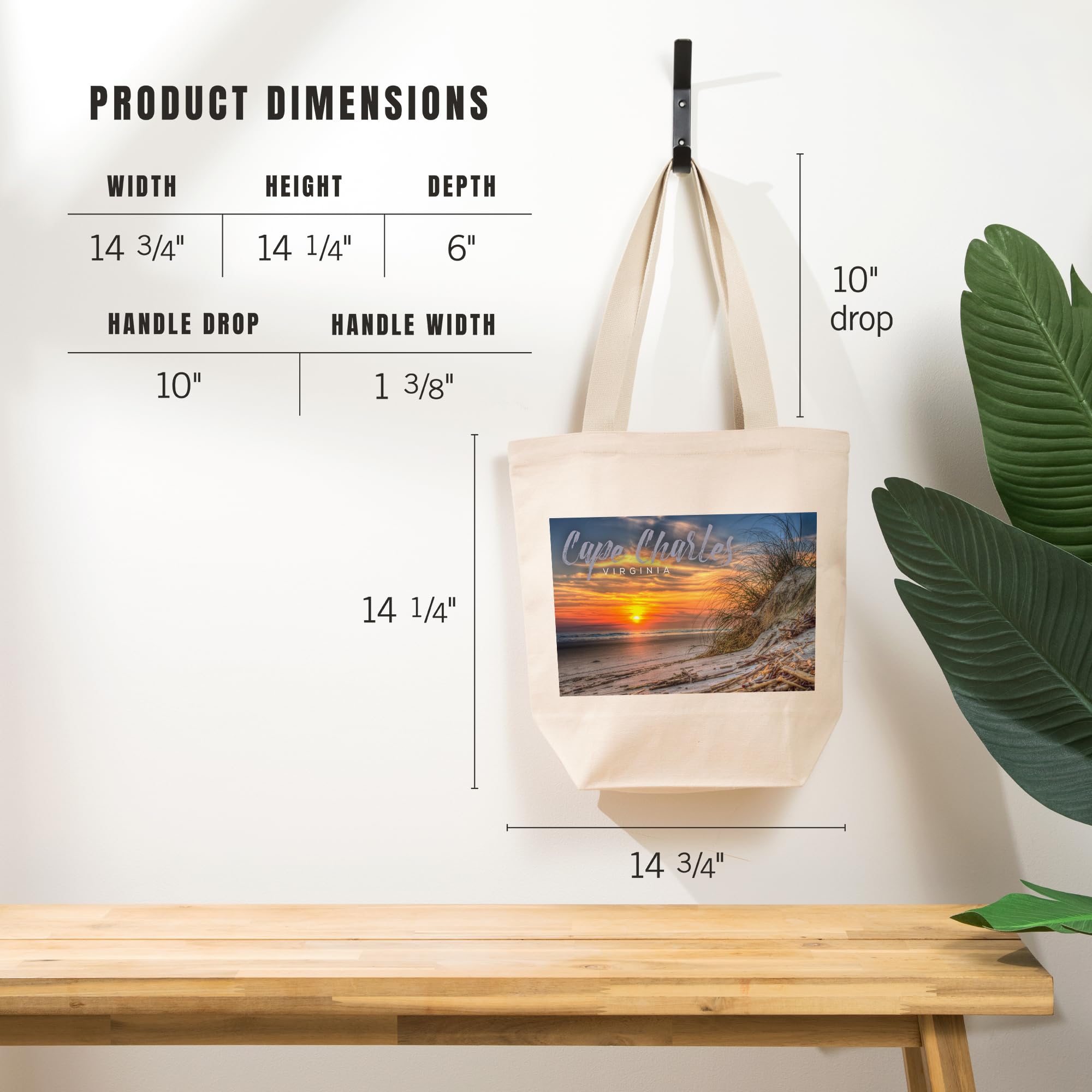 Lantern Press Cape Charles Virginia Sunset Beach Tote Bag - 100% Cotton Canvas Reusable Shopping Bag for Groceries, Beach Trips & Everyday Use