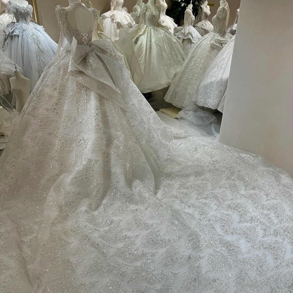 Elegant Sequined Wedding Dress with O-Neck, Long Sleeves & Chapel Train - Perfect for Bridal Ceremony, Chapel Wedding & Formal Evening Events