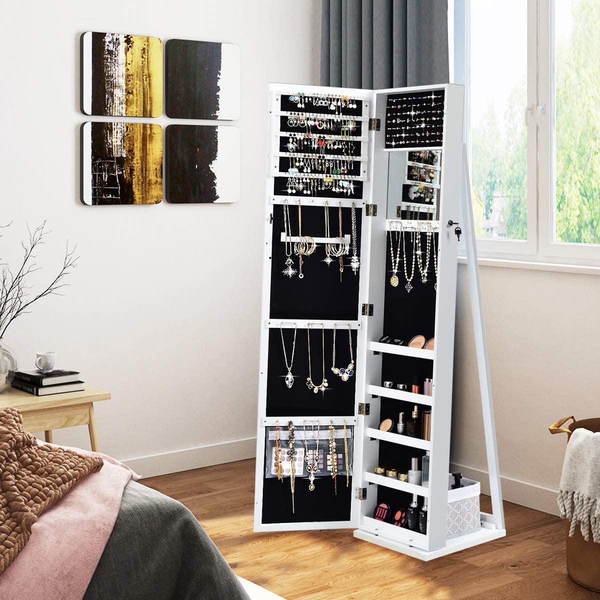 FANTASK Full Length Mirror Jewelry Cabinet with Lock - Free Standing Jewelry Armoire Organizer with Makeup Mirror, Large Storage & Stable Base - White Vanity Dresser for Bedroom, Closet & Bathroom Organization