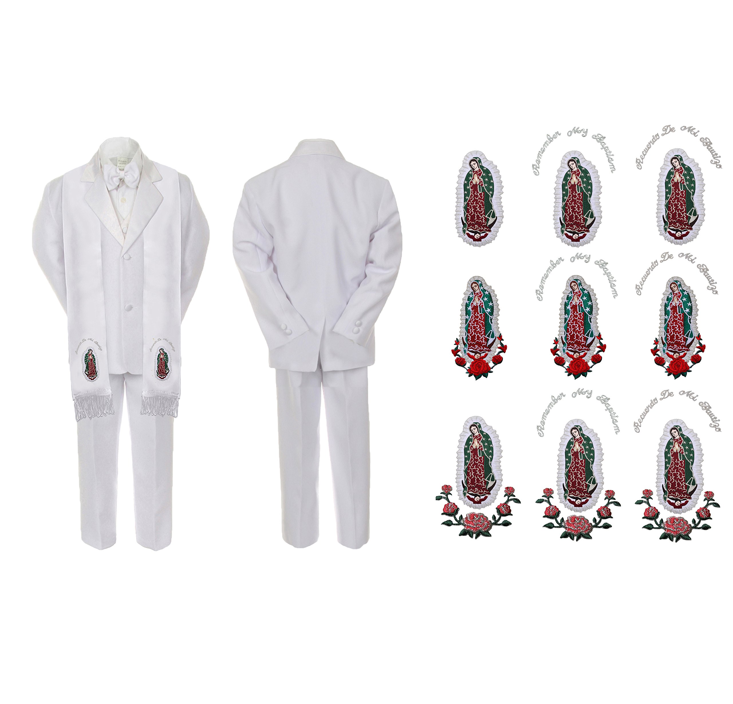 Newborn Baby Boy Baptism Suit - White Notch Lapel with Silver Guadalupe Stole (Size SM-20) | Perfect for Christening, First Communion & Special Occasions