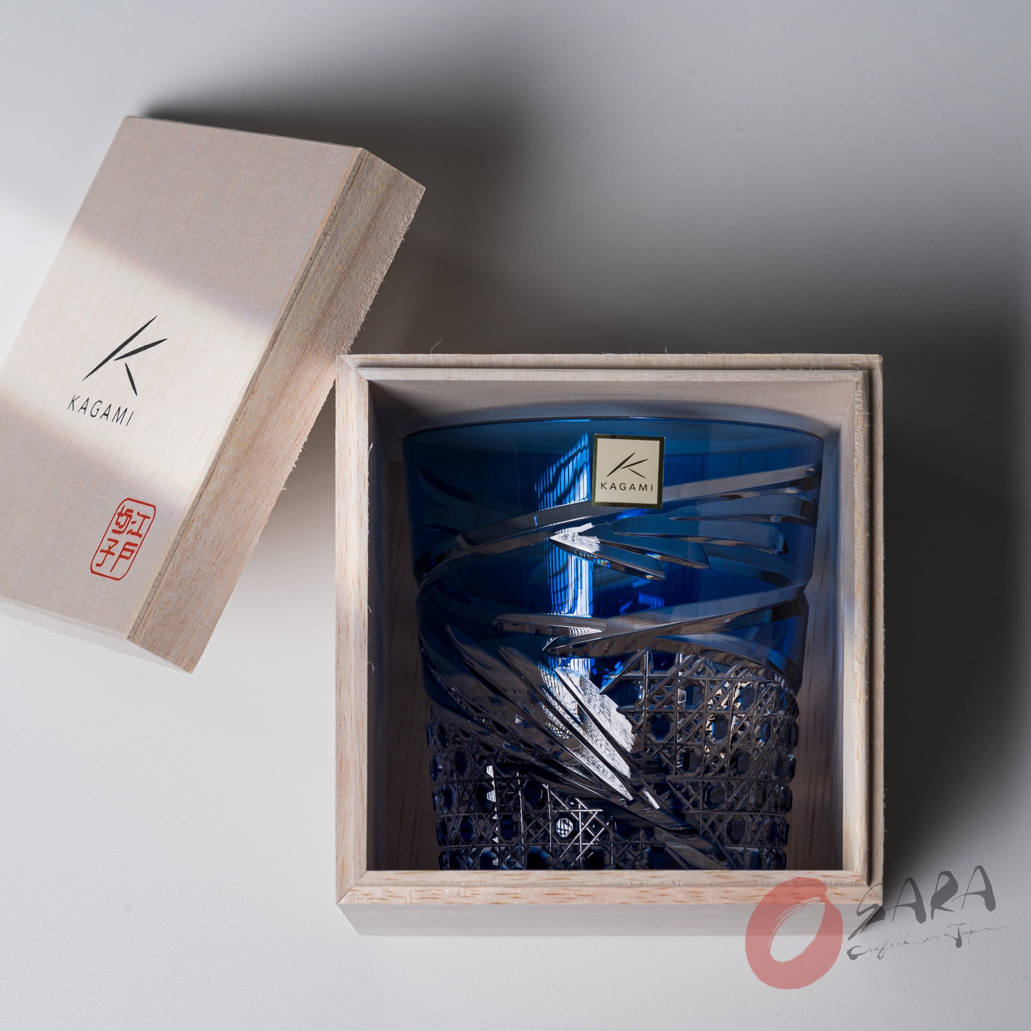 KAGAMI Crystal Edo Kiriko Rock Glass - Dance Blue - Handcrafted Japanese Cut Glass Whiskey Tumbler - Perfect for Cocktails, Whiskey & Home Bar Decor
