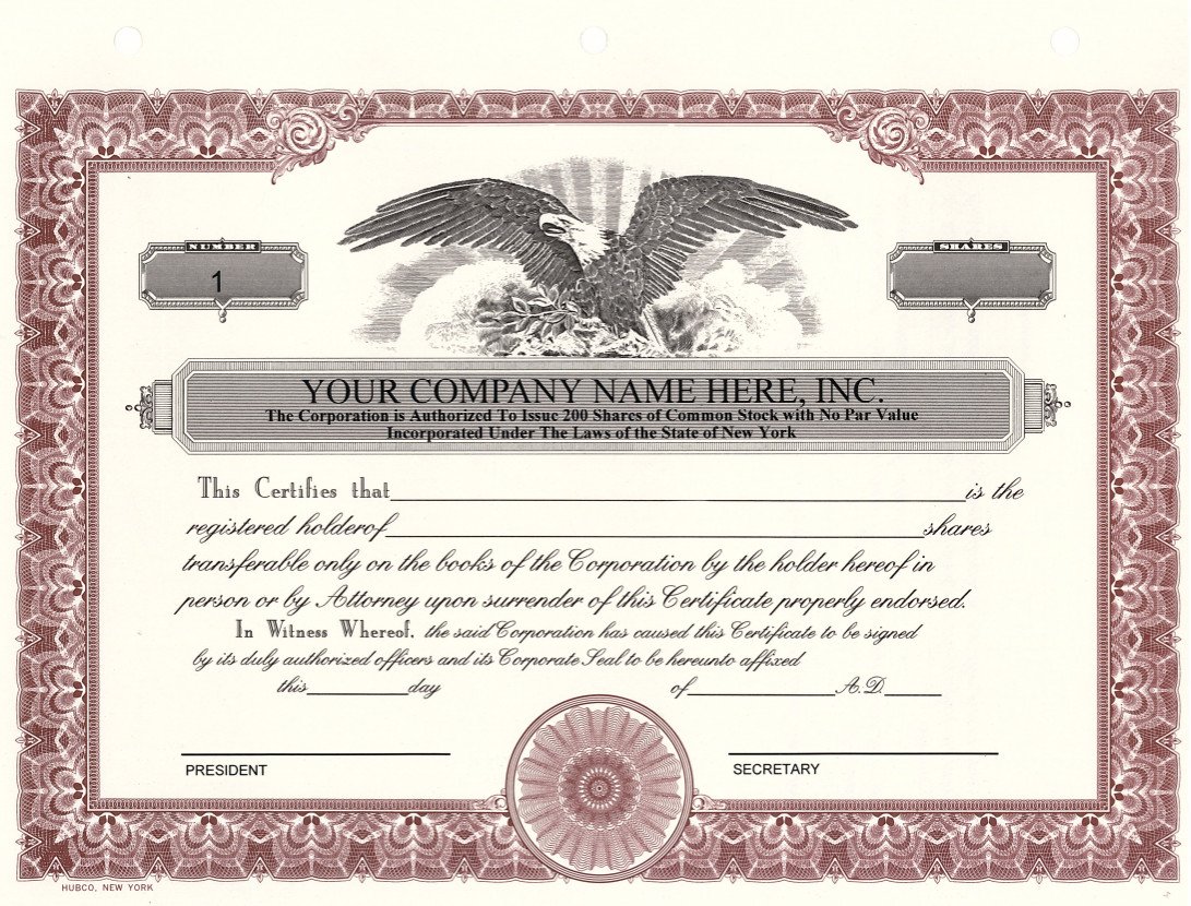 Custom Printed HUBCO Stock Certificates with Corporate Info - Burgundy (20-Pack) | Professional Business Documents for Shareholders & Investors