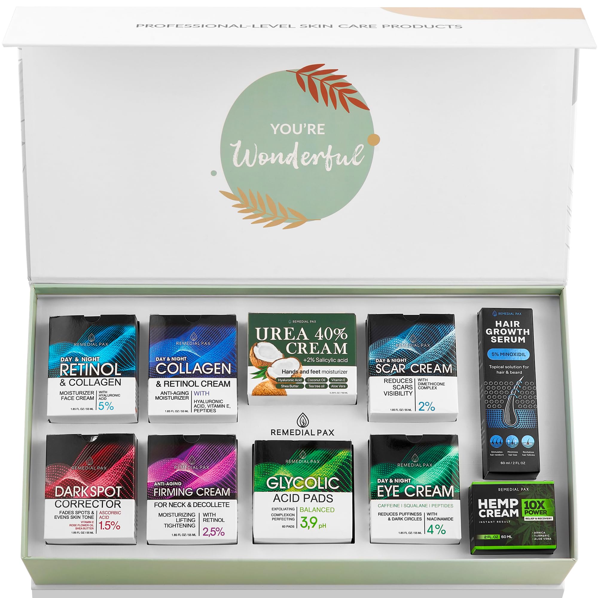 Anti-Aging Skincare Gift Set for Women & Men - 10 Piece Facial Creams, Moisturizers, Hair Growth Serum & Hemp Cream - Treats Dark Spots, Scars, Dark Circles & Dry Skin - Perfect for Daily Skincare Routine & Gifting