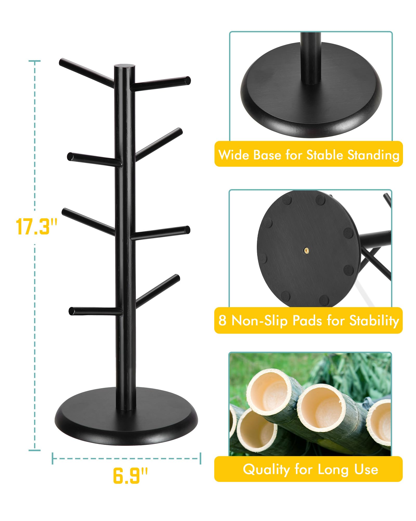 **Lorbro 8-Hook Bamboo Coffee Mug Tree Stand - Countertop Cup Holder for Kitchen & Cafe Decor - Black - Perfect for Organizing Mugs, Tea Cups & Kitchen Accessories**