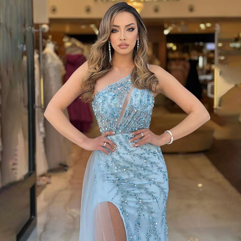 Elegant Blue One Shoulder Mermaid Evening Dress with Beaded Details for Women - Perfect for Weddings, Parties & Special Occasions | LA71653B
