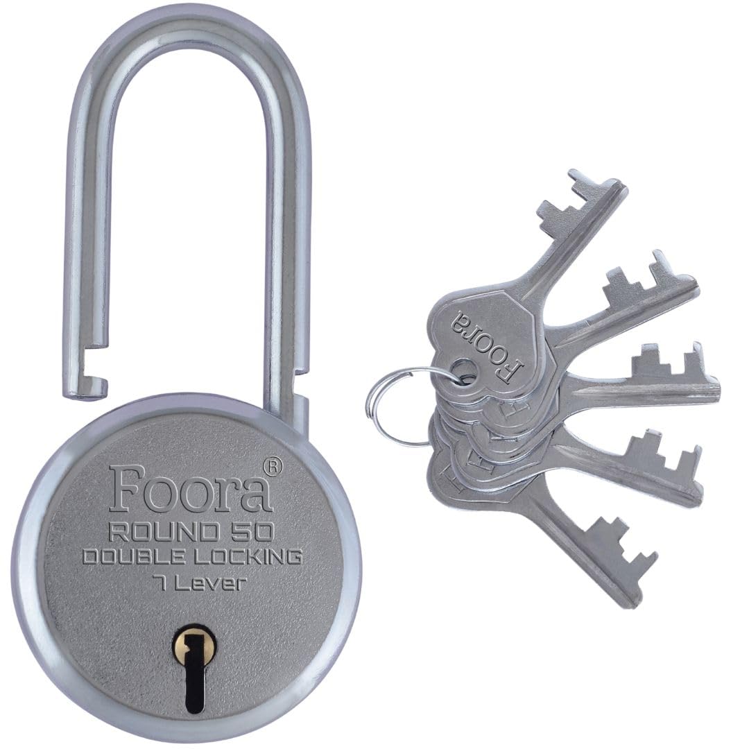 Foora 50mm Round Long Neck Shackle Padlock with 5 Keys - Double Locking 7 Lever Security Lock for Home, Gate, Shutter, Shed, Toolbox & Storage - Durable Outdoor & Indoor Use for Enhanced Protection
