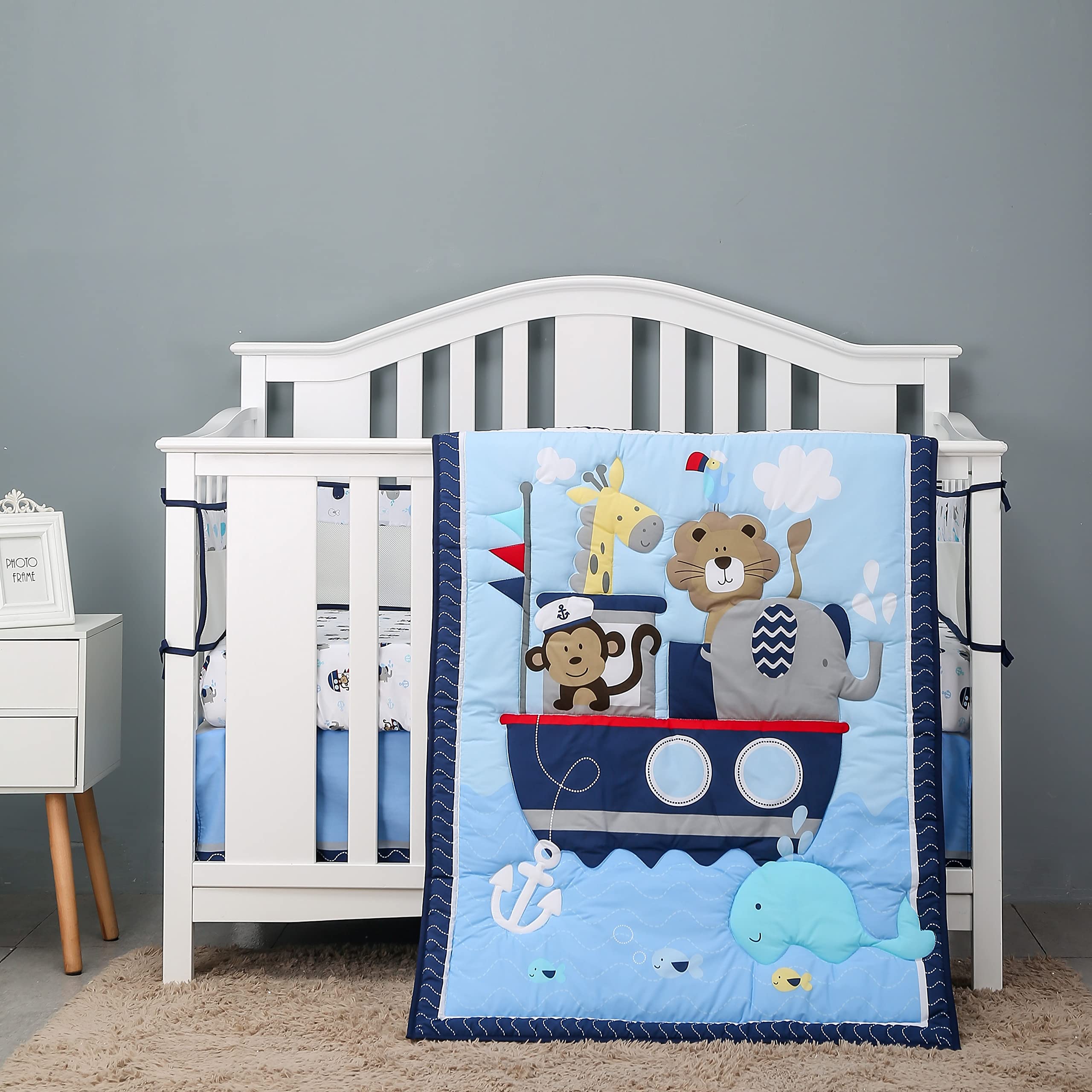 SpringBaby 7-Piece Blue Cotton Crib Bedding Set for Boys - Woodland Animal Theme with Elephant, Lion, Deer & Monkey - Portable Standard Crib Set for Nursery Decor | Perfect for Baby Showers, Newborn Gifts & Nursery Room Styling