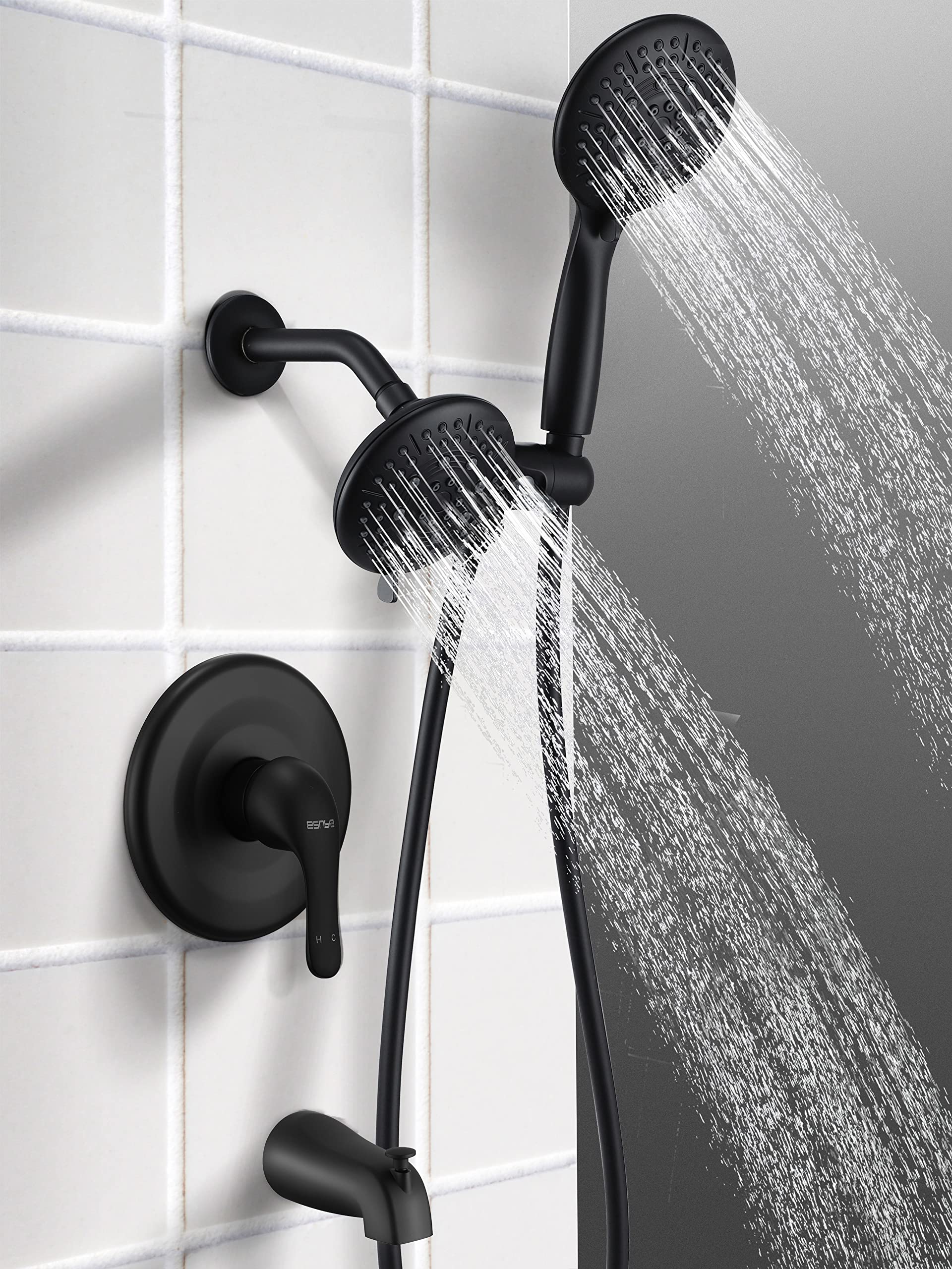 ESNBIA Matte Black Shower Tub Faucet Set with 35-Mode 2-in-1 Handheld & Rain Shower Head System - Single Handle Valve Trim Kit for Bathroom & Shower Renovation (Ideal for Modern Home, Spa-Like Experience)