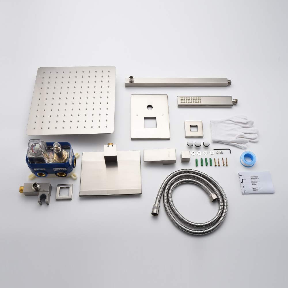 IRIBER 3-Function Square Shower System - 12 Inch Rain Shower Head & Handheld with Waterfall Tub Spout, Brushed Nickel Finish | Perfect for Modern Bathroom Renovations & Spa-Like Shower Experience