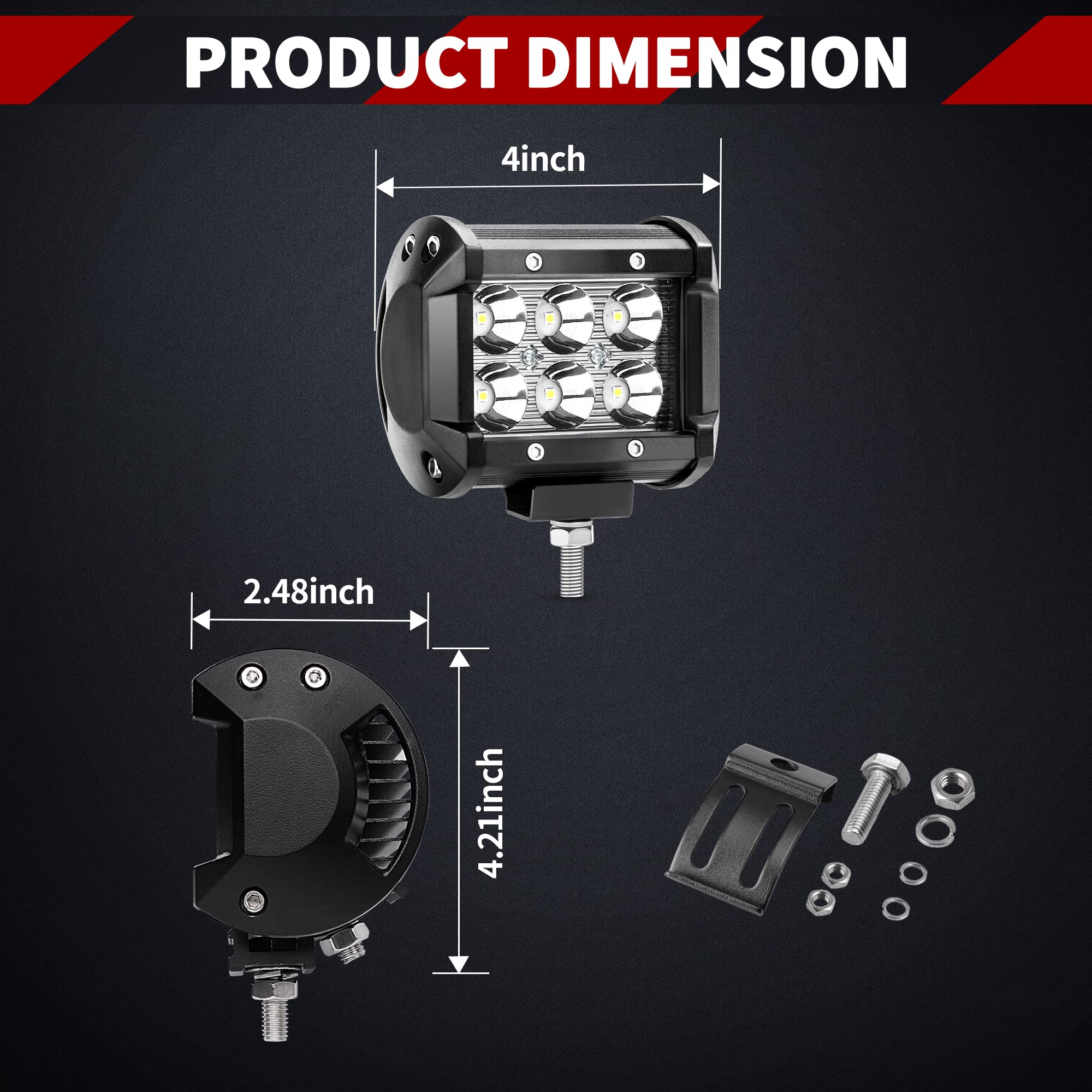 YITAMOTOR 4PCS 18W 4-Inch LED Light Bar Pods - Waterproof Off-Road Spot Work Lights for Jeep, 4WD, SUV, ATV, Truck & Boat (12V/24V) - Durable Fog & Driving Lights with 2-Year Warranty - Perfect for Night Off-Roading, Camping & Emergency Lighting