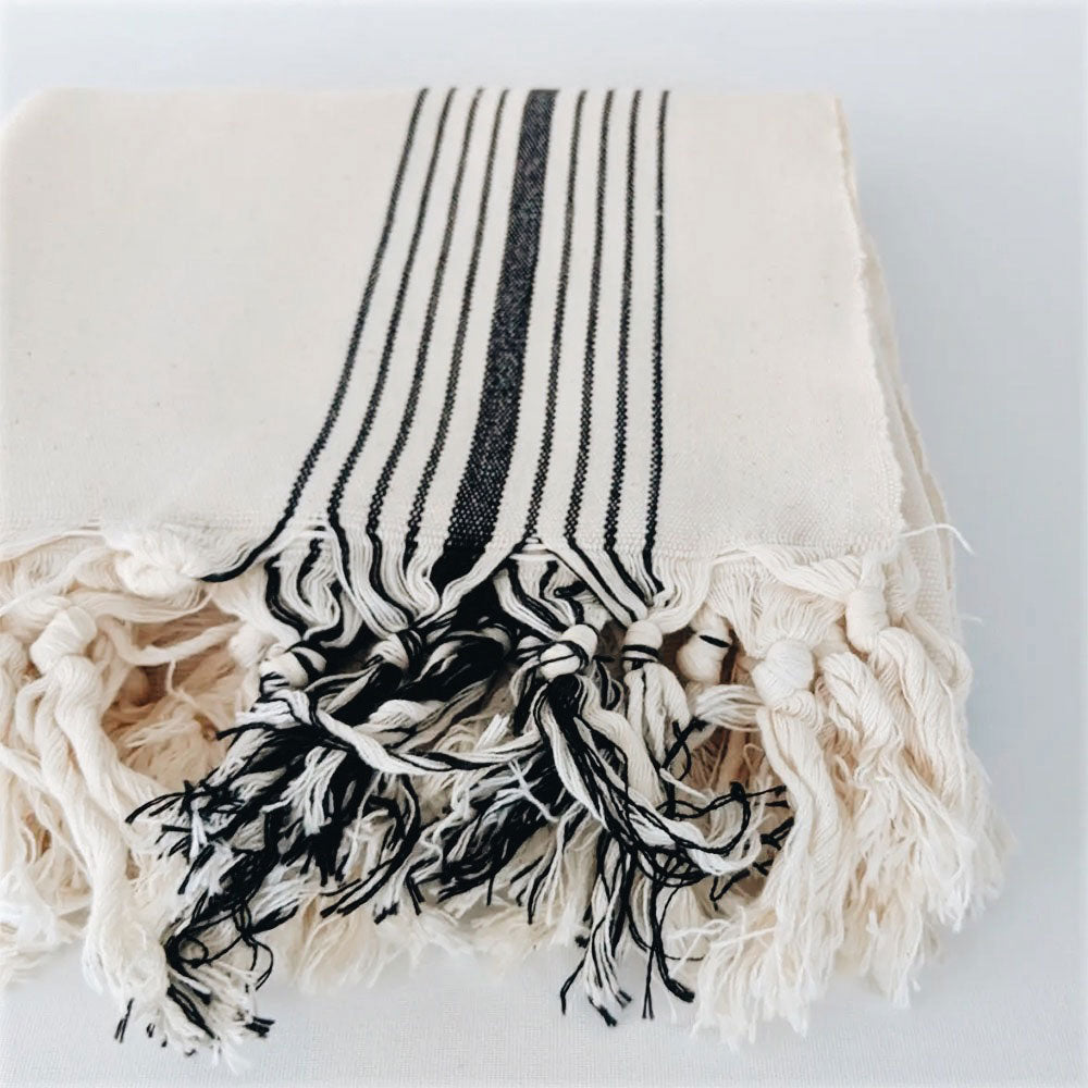 Premium Handwoven Turkish Cotton Towel - Soft, Absorbent & Quick-Drying - Black Stripe Design - Perfect for Beach, Spa, Travel & Home Use
