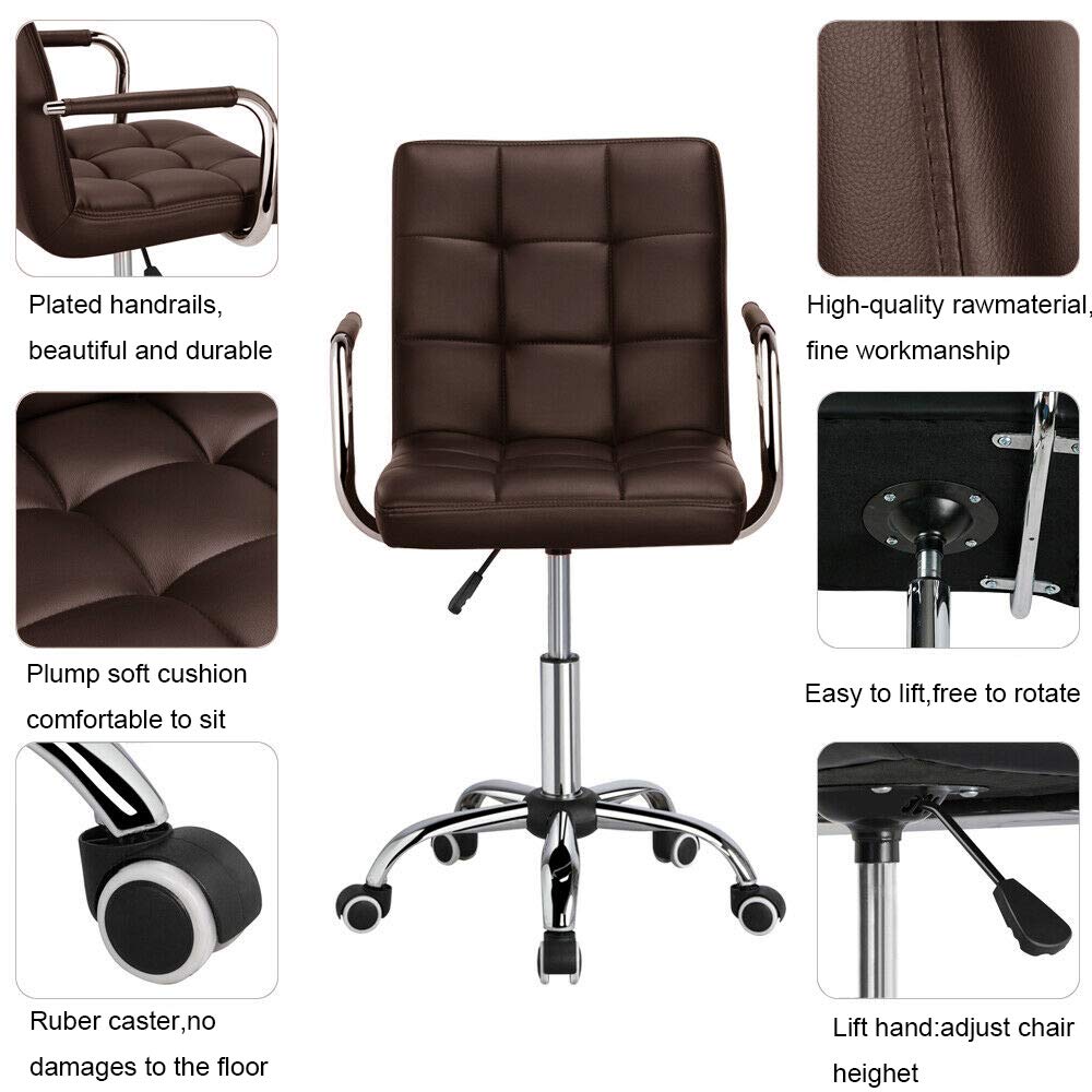 Modern Mid-Back Ribbed PU Leather Office Chair - Adjustable Executive Desk Chair with Wheels & Armrests for Home, Office, Kitchen Counter or Bar Use (Brown) - Ergonomic Computer Chair for Comfortable Working & Studying