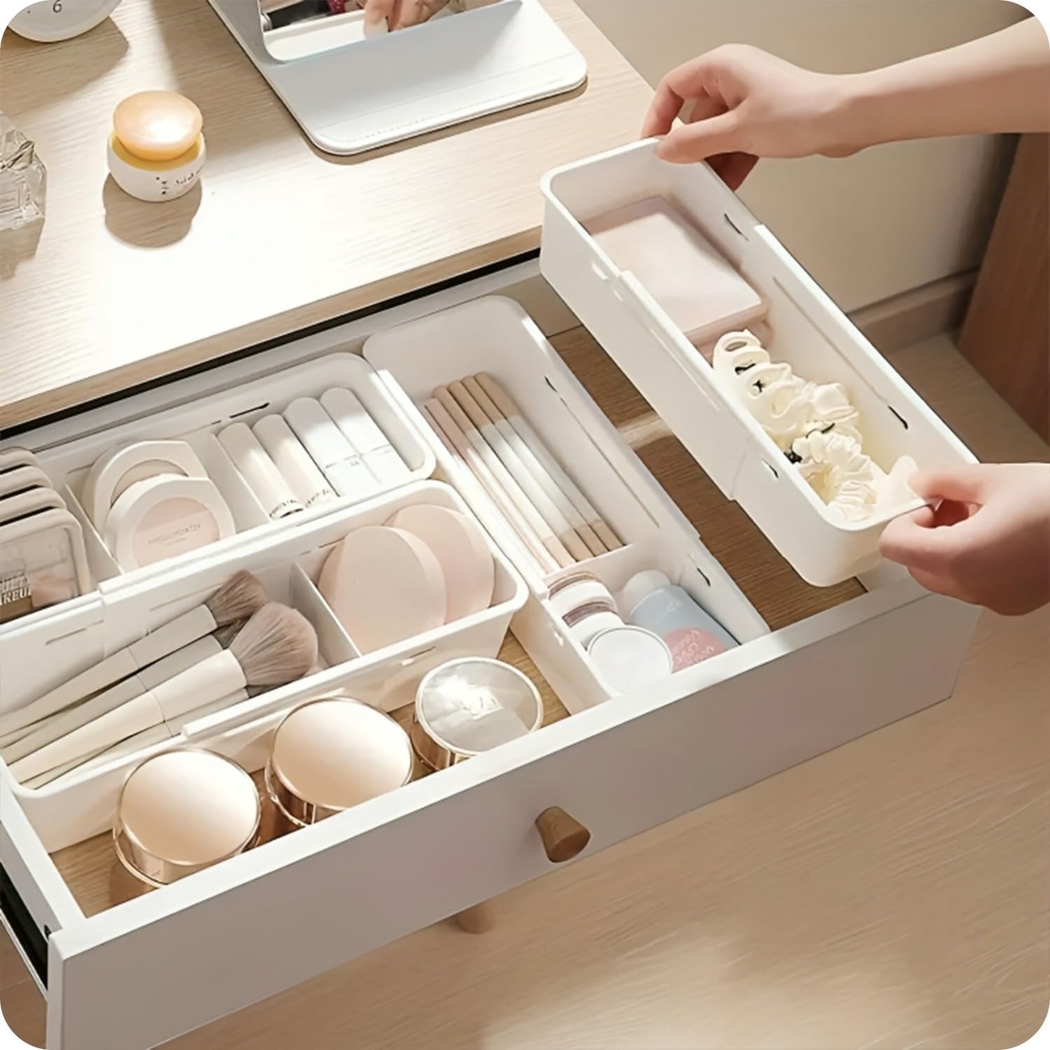LIVINGBASICS 2 Large 3 Small Expandable Drawer Organizer Set - Adjustable Storage Tray & Divider for Kitchen, Office, Bathroom - White PPCP Plastic Organizer for Utensils, Makeup, Office Supplies