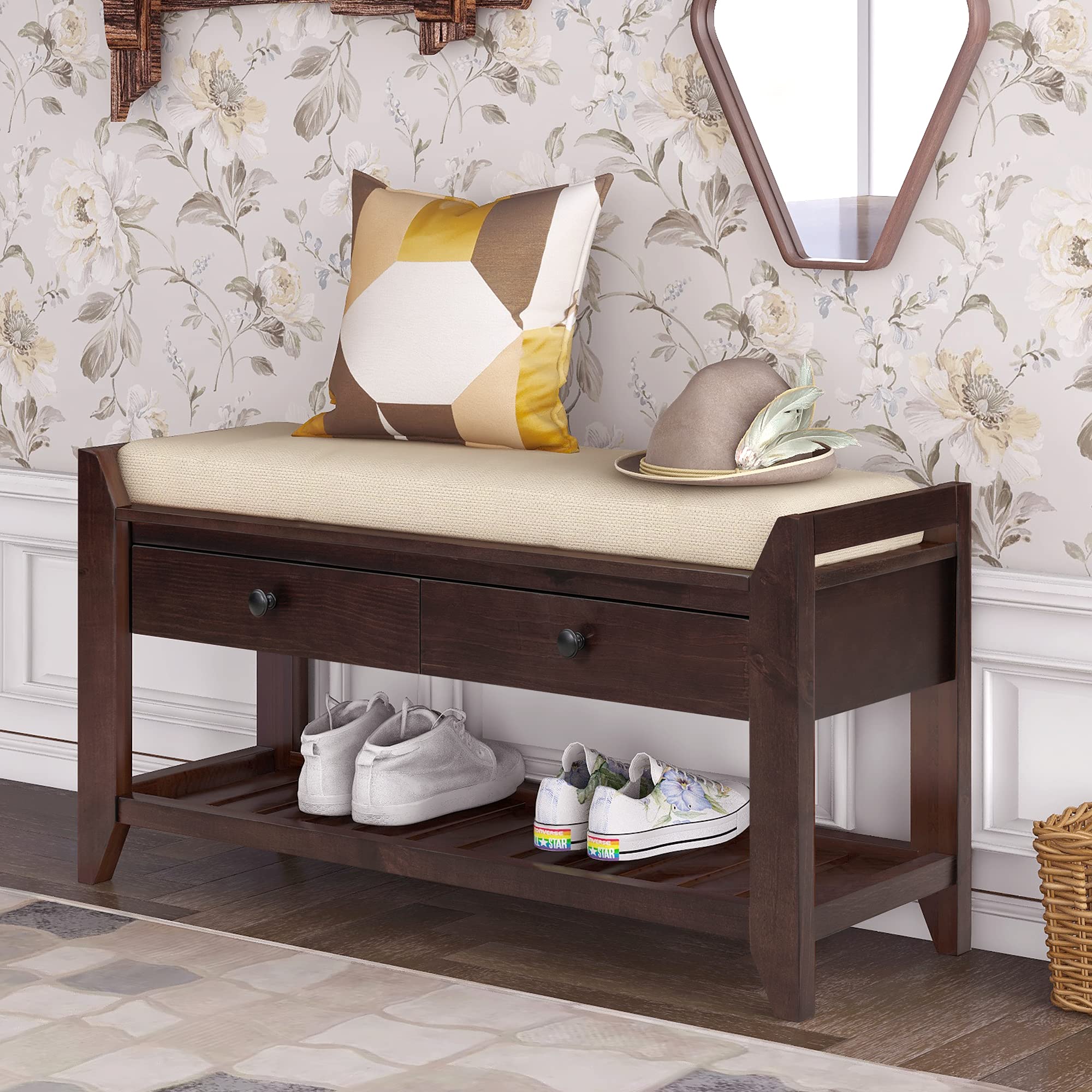 Multipurpose Storage Bench with Cushioned Seat & Drawers - Shoe Rack Organizer for Entryway, Hallway, or Bedroom - Espresso Wooden Bench for Home Decor & Storage Solutions