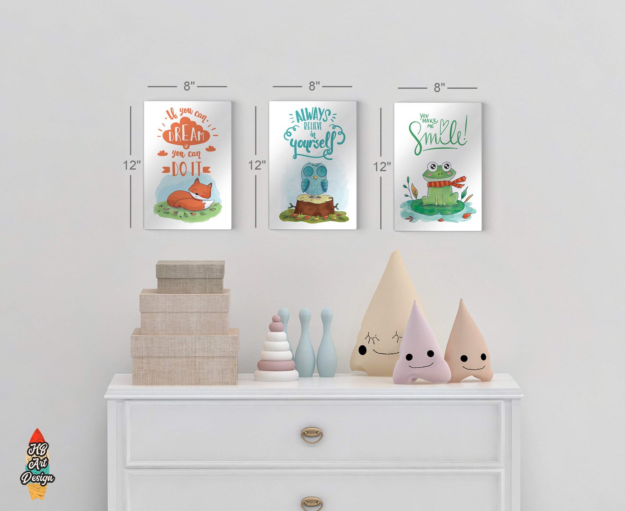 Fox Owl Frog Motivational Wall Art - 3 Panel Metal Print Set for Nursery, Baby Girl & Boy Room, Kids Room Decor - Ready to Hang, 100% Handmade in USA (30x20 Inches x3) - Perfect for Nursery Themes, Birthday Gifts & Playroom Wall Decor