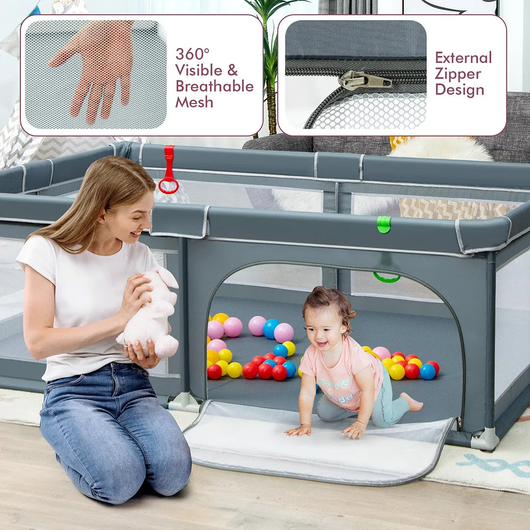 Extra Large Portable Baby Safety Playpen with Ocean Balls & Rings - Gray - Perfect for Indoor/Outdoor Playtime, Toddler Play Area, and Home Childproofing