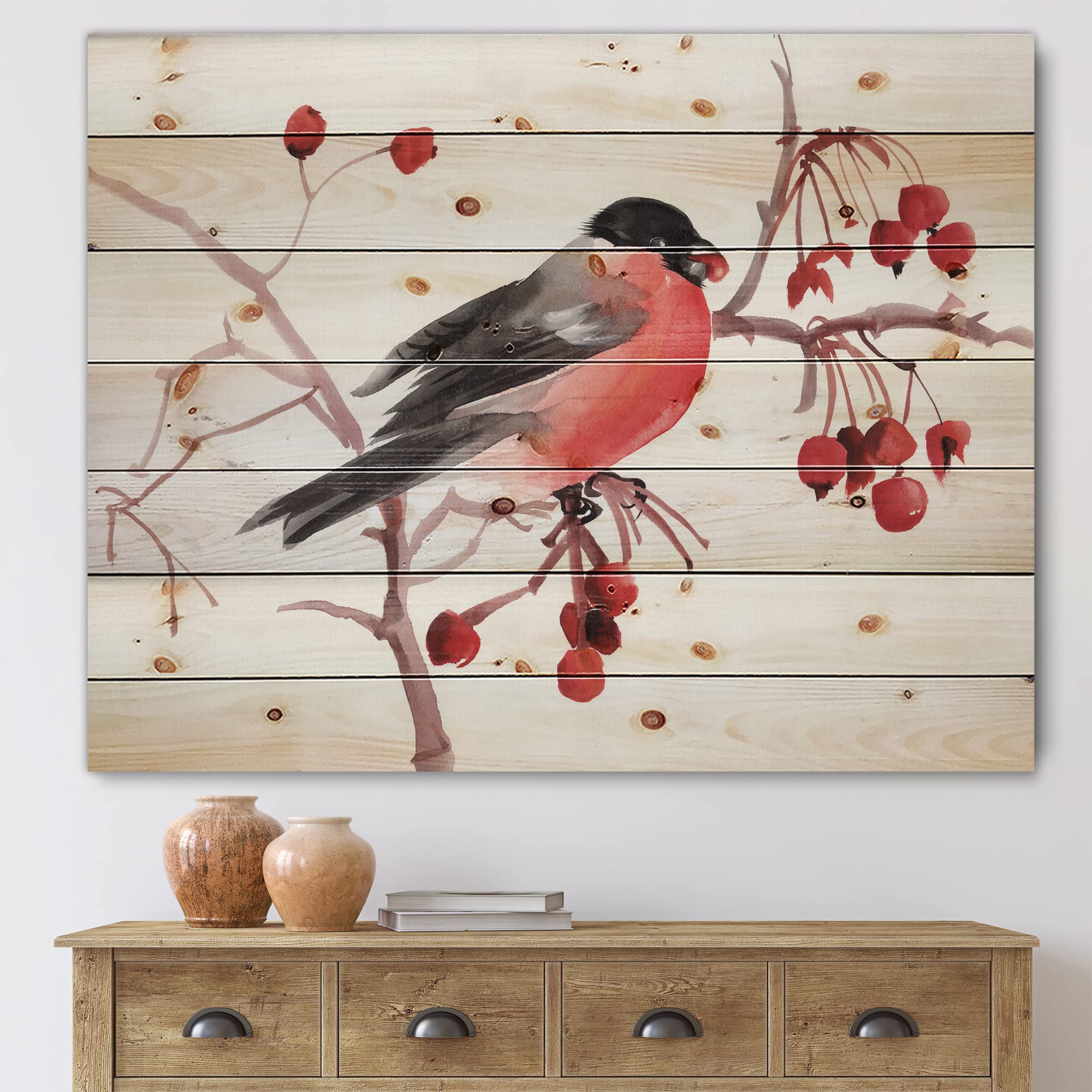 DesignQ Bullfinch Bird on Branch Traditional Wood Wall Decor - Red Wood Wall Art, Large Animal Wood Panel Printed on Natural Pine - Perfect for Living Room, Bedroom & Office Decor