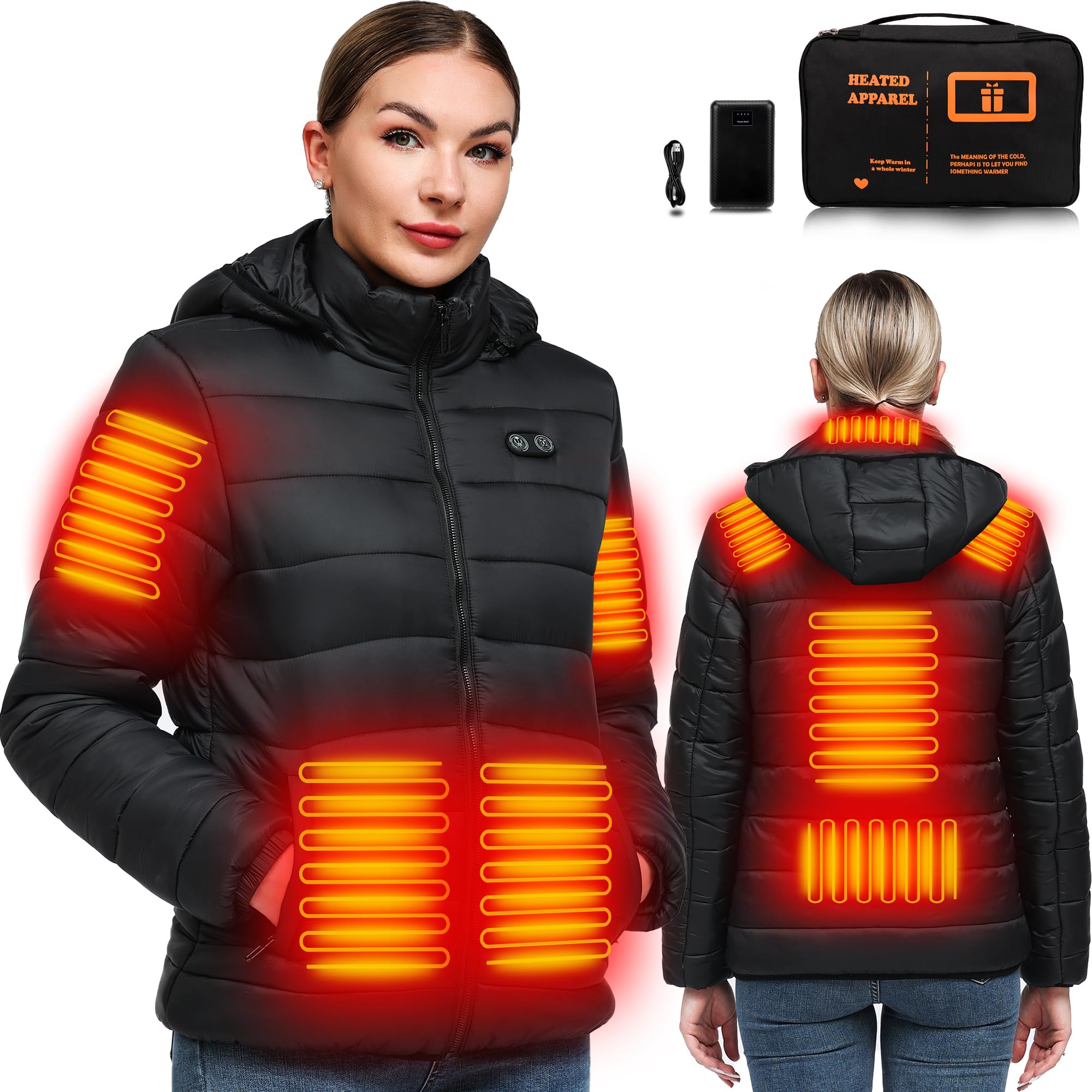Women's Heated Jacket with Battery Pack - Rechargeable Electric Winter Coat for Skiing, Hunting & Outdoor Activities | Detachable Hood & 3 Heating Zones | Perfect for Cold Weather & Winter Sports