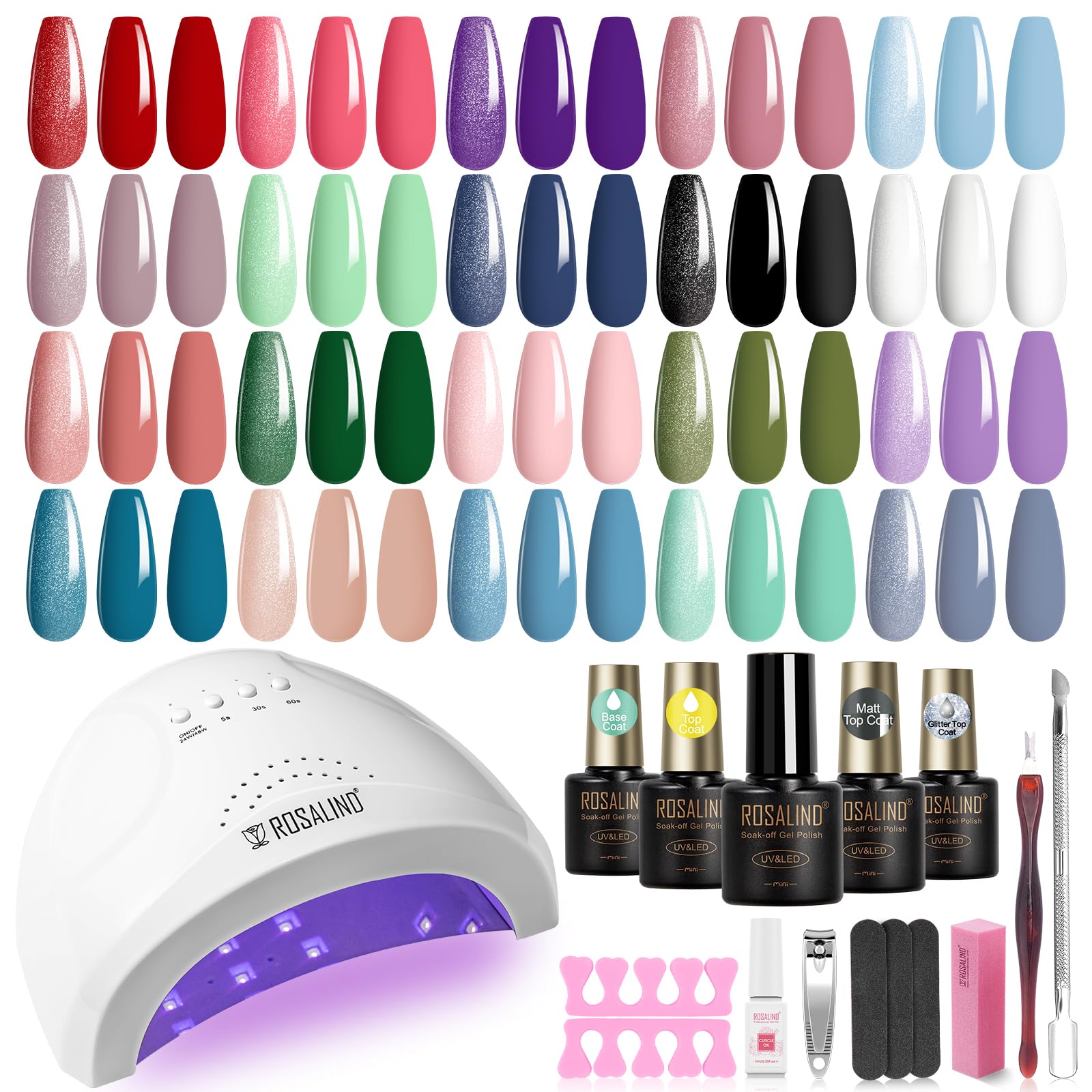 ROSALIND 20 Colors Gel Nail Polish Kit with UV Light - Base & Top Coat (Matte/Glossy/Glitter) - Soak Off Manicure Starter Set - Perfect Gift for Women - DIY Salon Quality Nails at Home for Parties, Weddings & Special Occasions