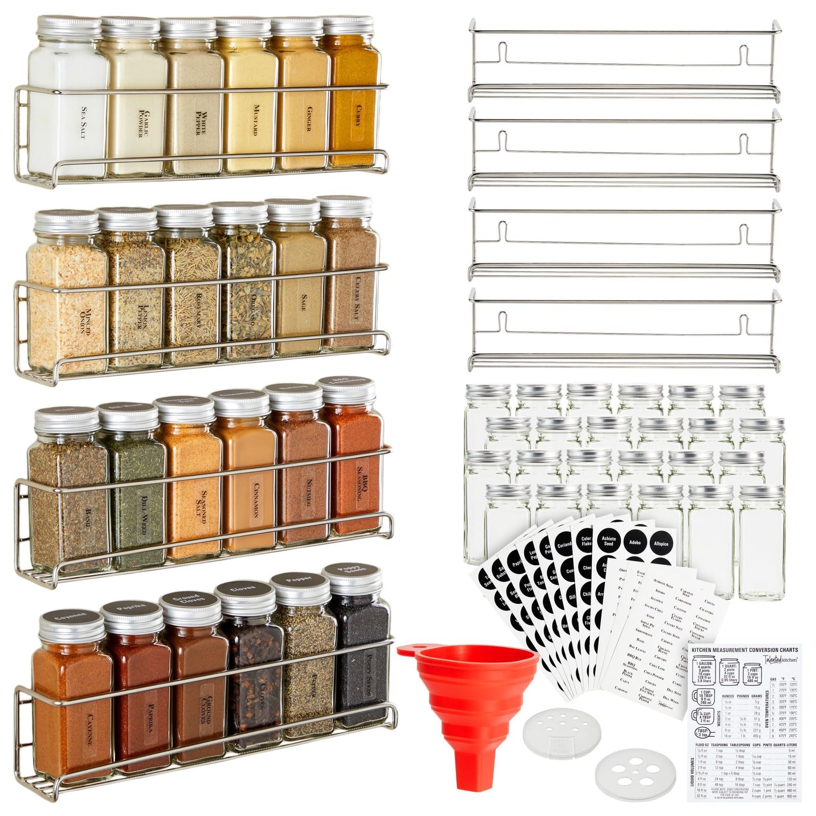 Talented Kitchen 4-Tier Stainless Steel Spice Rack Organizer - Wall Mount & Cabinet Door Storage with 24 Glass Spice Jars (4oz) & 269 Preprinted Seasoning Labels (2 Styles) - Perfect for Kitchen Organization & Spice Storage