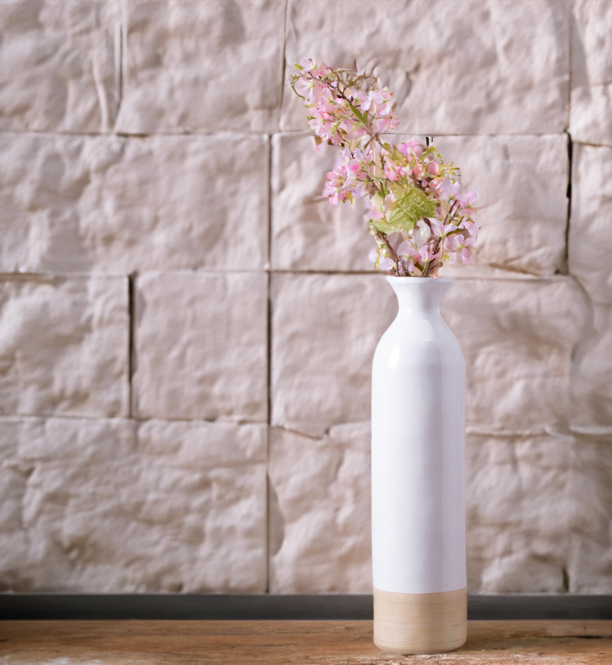 Elegant Black & White Tall Cylinder Bamboo Floor Vases - Glossy Lacquer & Natural Finish - 31