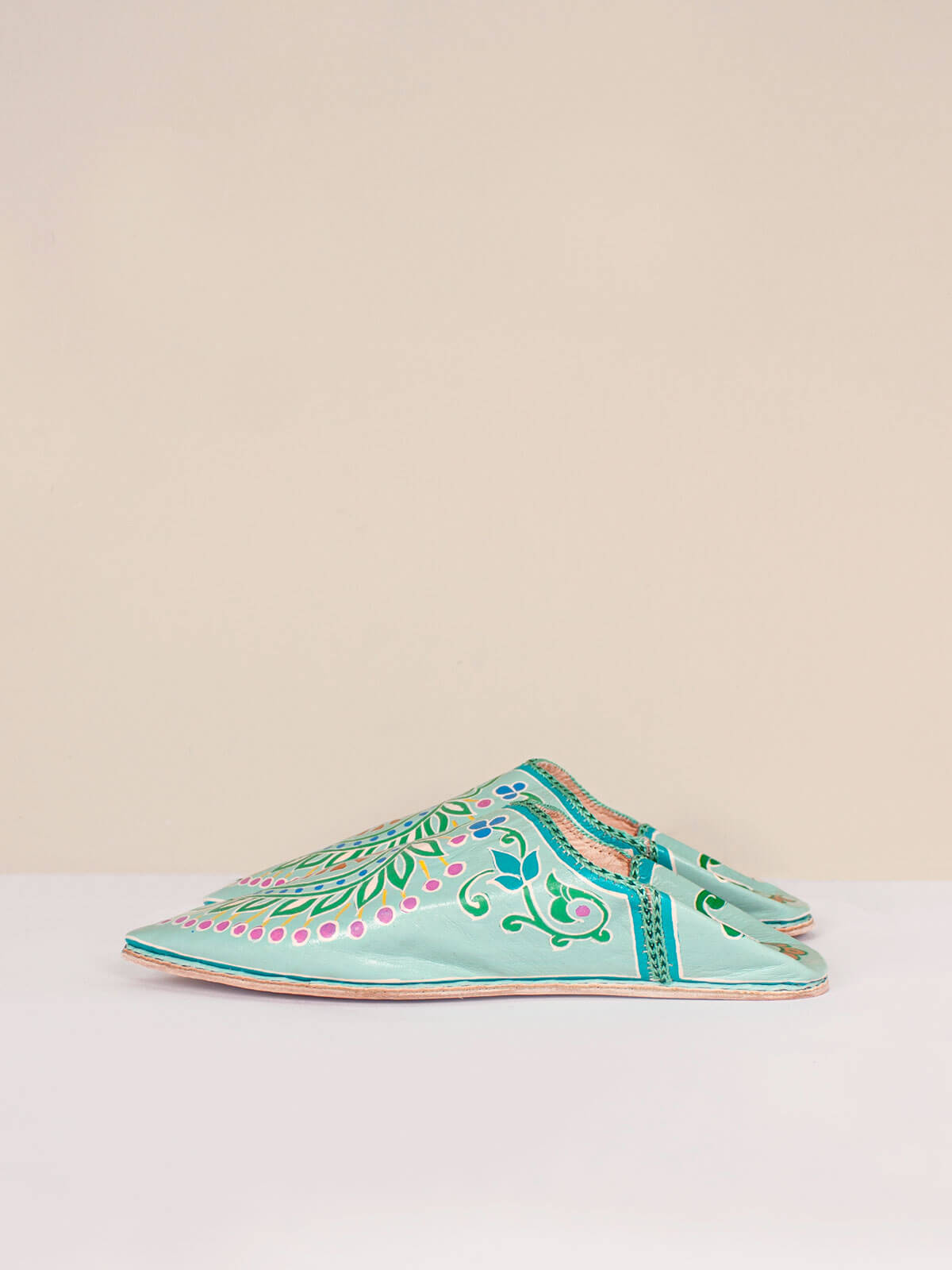 Hand Painted Leaf Babouche Slippers - Sage Green Moroccan House Shoes for Women | Comfortable Indoor & Outdoor Slides for Home, Spa, and Beach Wear