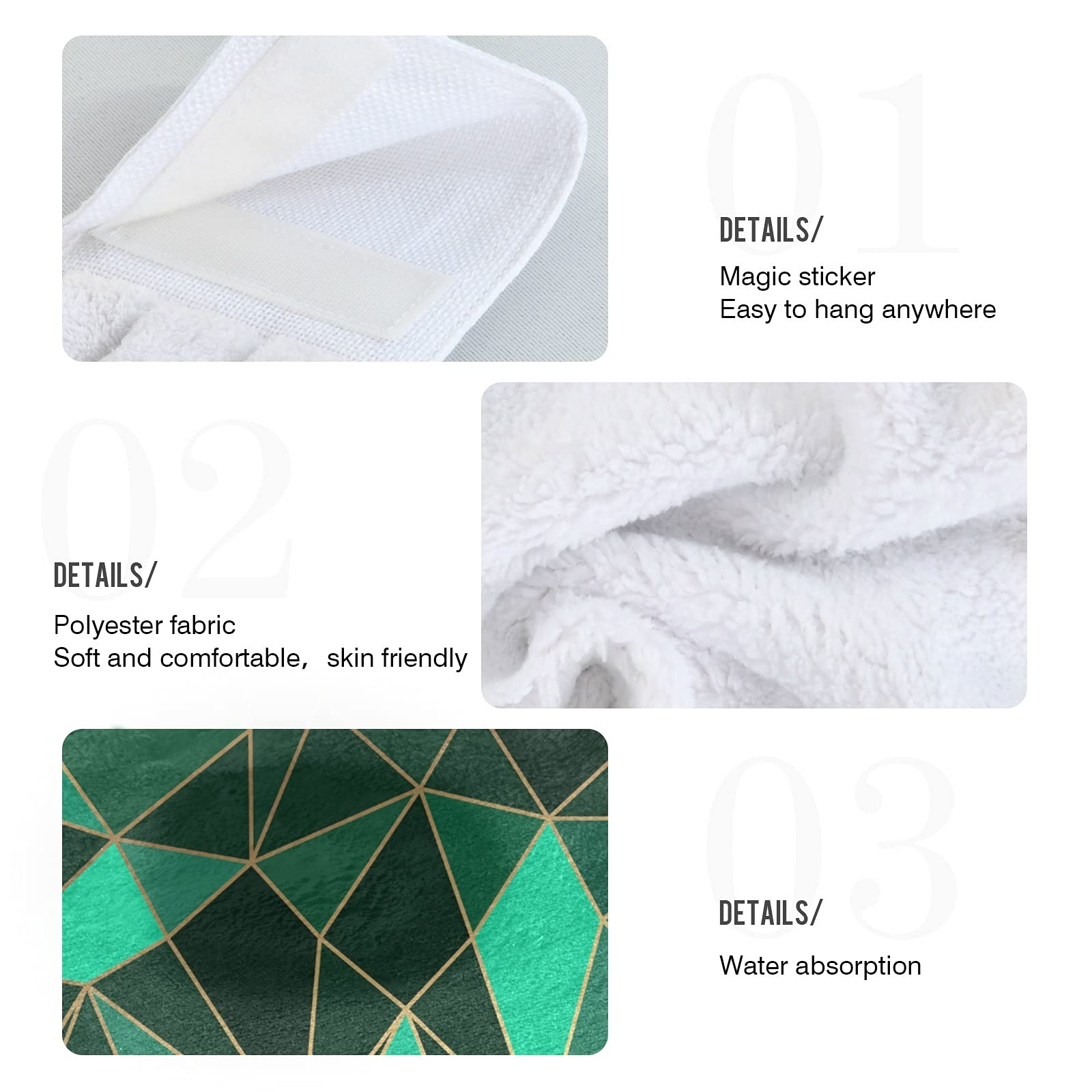 Poeticcity Luxury Emerald Geometric Diamond Gold & Green 2-Piece Kitchen Hand Towel Set with Hook & Loop - Absorbent Hanging Dishcloths for Tea Bar, Bath & Decorative Use