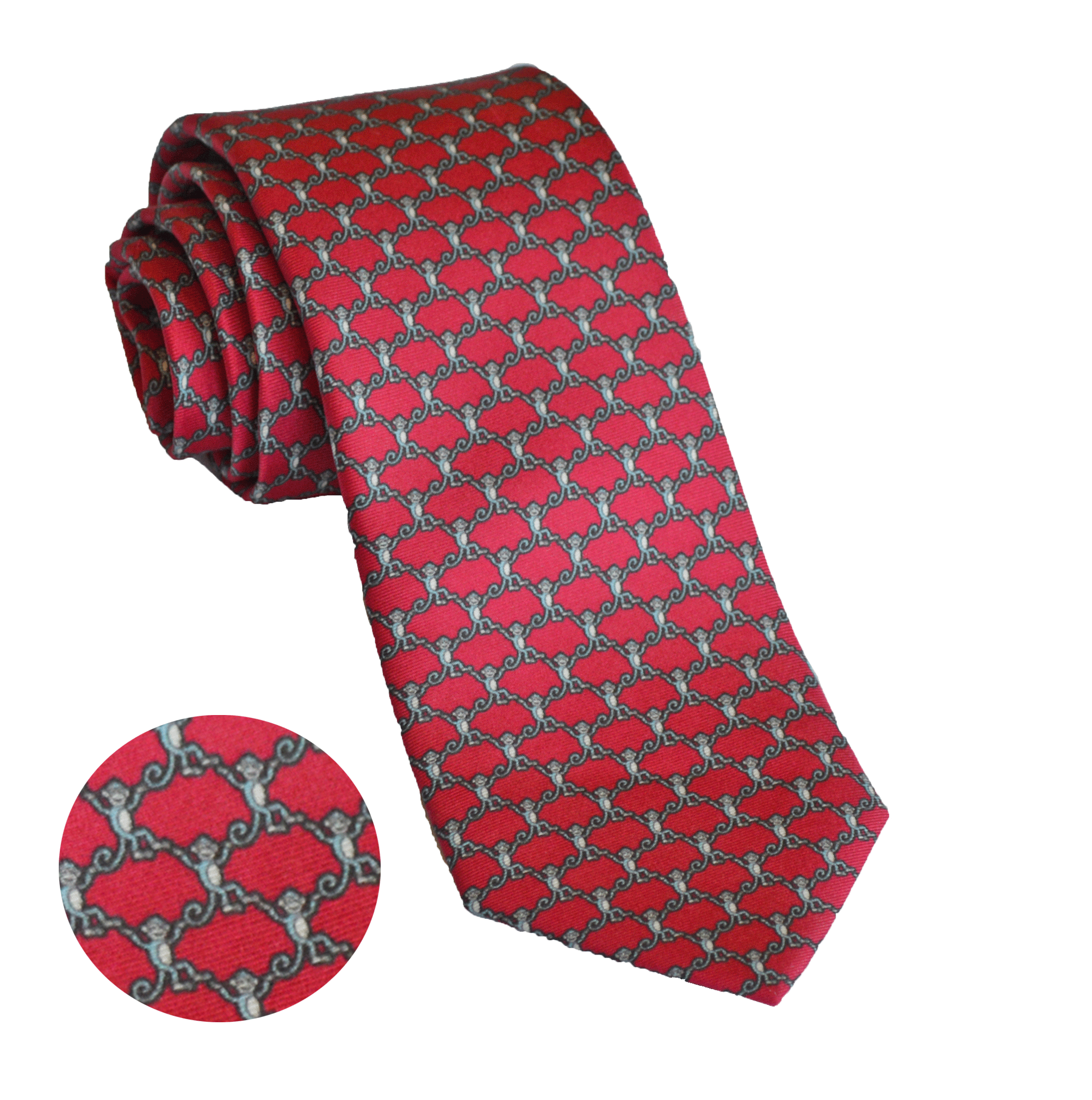 Premium 100% Silk Necktie - Elegant Blue & White Monkey Pattern on Red Background | Perfect for Business, Weddings & Formal Events