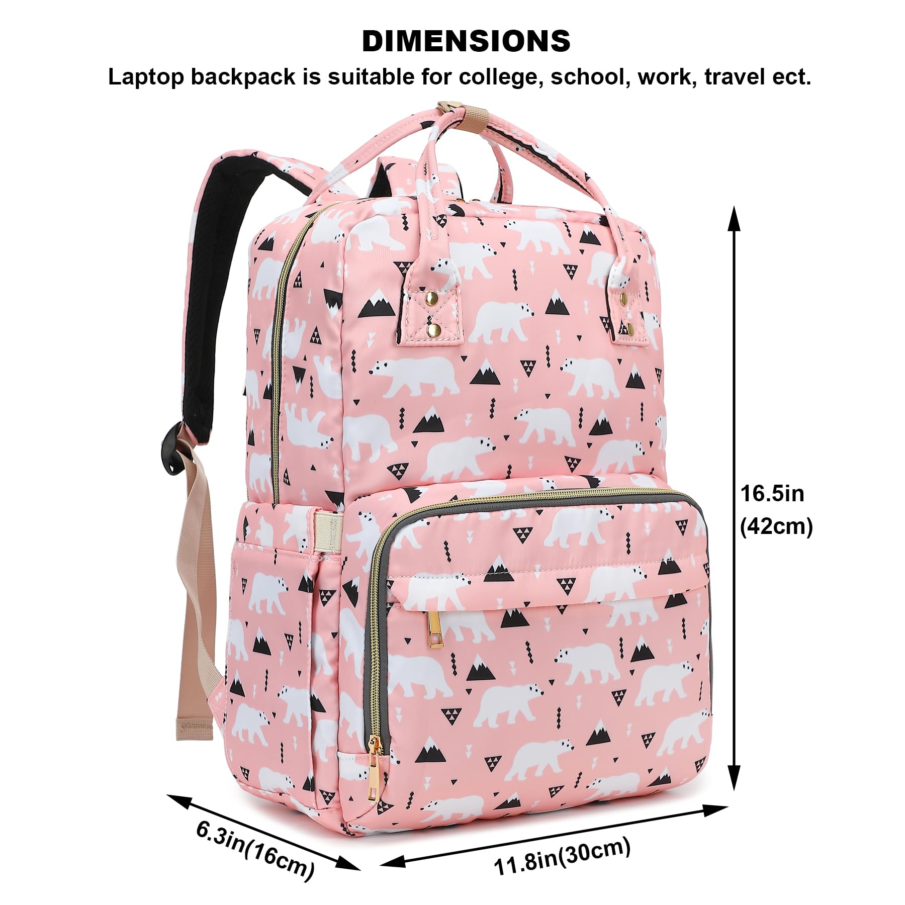 Stylish Pink Polar Bear Laptop Backpack for Women & Girls - 15.6 Inch Waterproof College Bookbag, School & Travel Backpack - Perfect for Campus, Work Commute & Weekend Getaways