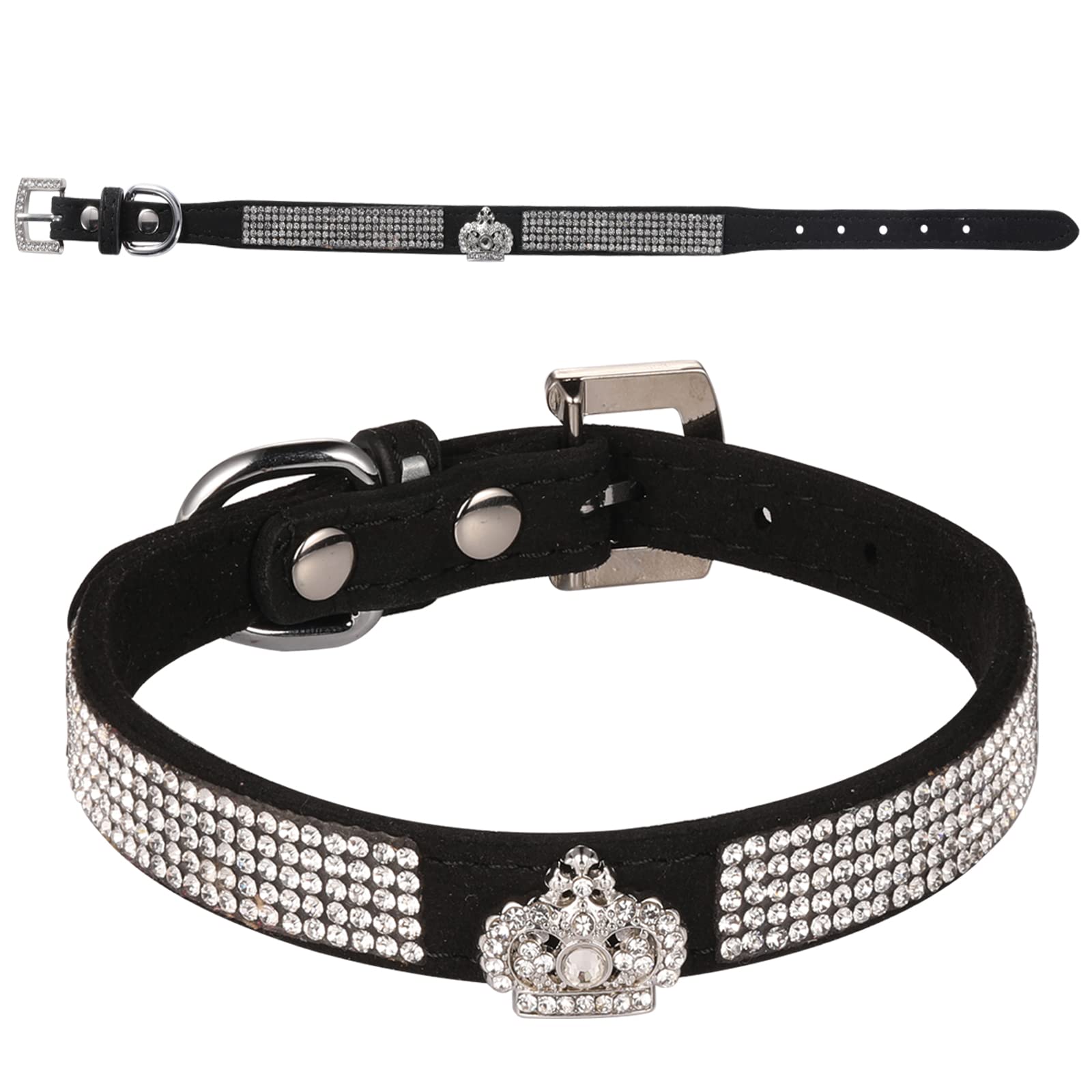Luxury Sparkly Silver Buckle Rhinestone Crown Velvet Leather Pet Collar for Small Dogs & Cats - Elegant Bling Diamond Decoration for Puppies & Kittens (Size S, Black) | Perfect for Daily Walks, Grooming & Special Occasions