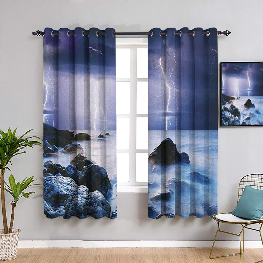 Nature Themed Living Room Curtains 2 Panel Set - 84 Inch Length Stormy Ocean Waves Print, Easy Care Purple Grey Curtains (W108 x L84) for Bedroom, Living Room & Home Decor