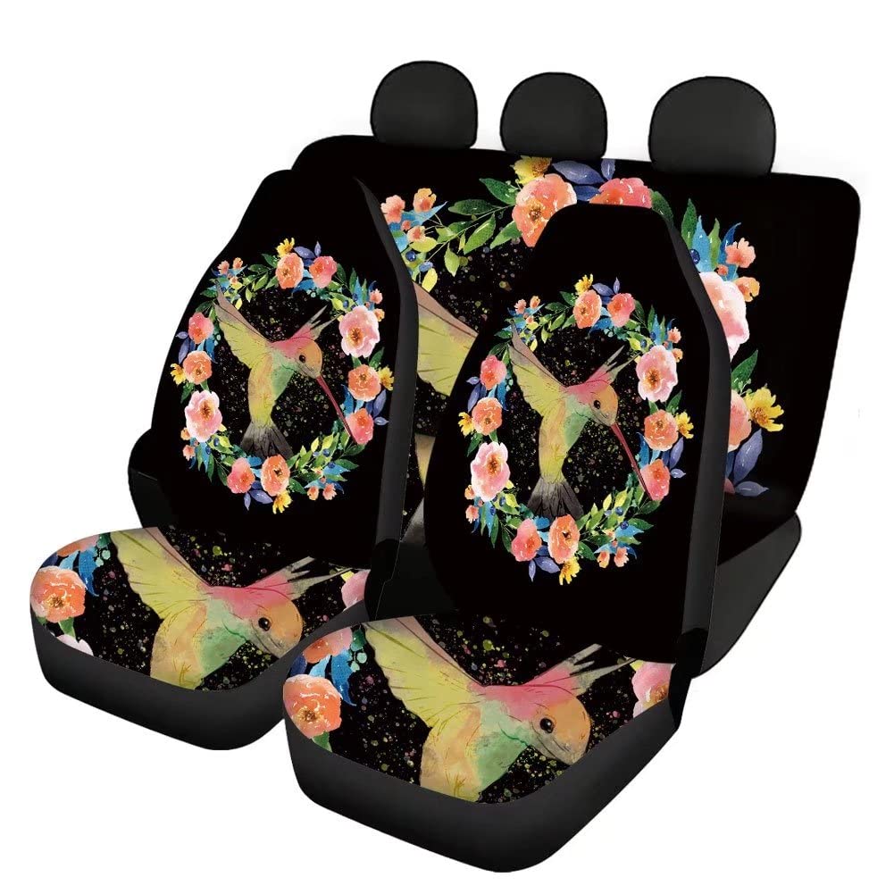 Hummingbird & Floral Ring Printed Car Seat Covers - Universal 4-Piece Set for Front & Rear Seats, Washable Car Accessories with Multicolor Leaves Design - Perfect Gift for Women & Car Enthusiasts (Great for Daily Commute, Road Trips & Protecting Your Car Seats)