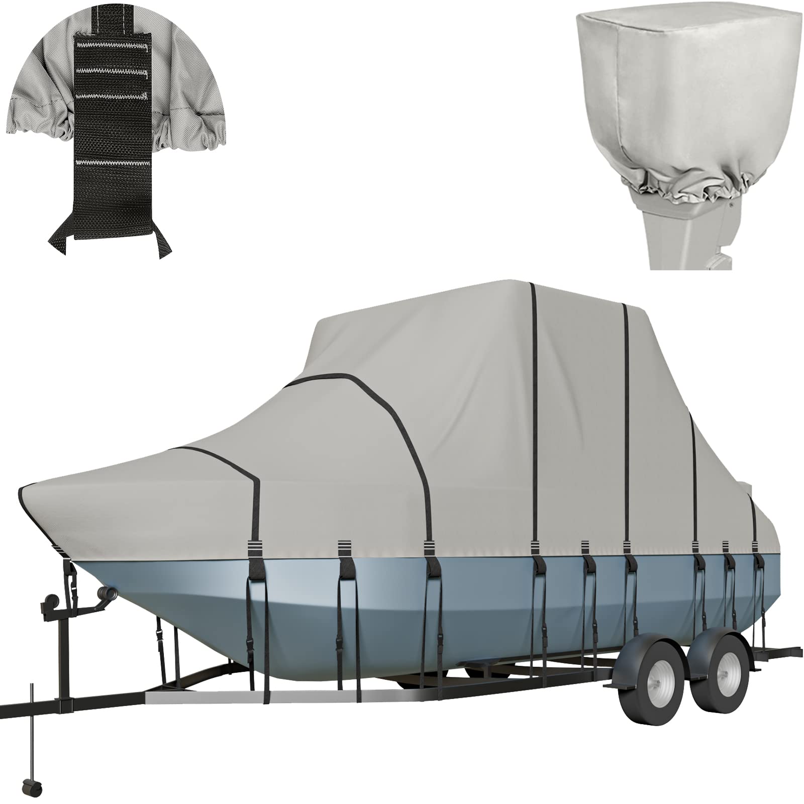 900D Heavy-Duty Waterproof Boat Cover for 21'-23' Center Console Boats with T-Top - Fade-Proof, UV-Resistant Marine Cover with 21 Windproof Straps & Motor Protection - Ideal for Trailering, Mooring & Outdoor Boat Storage