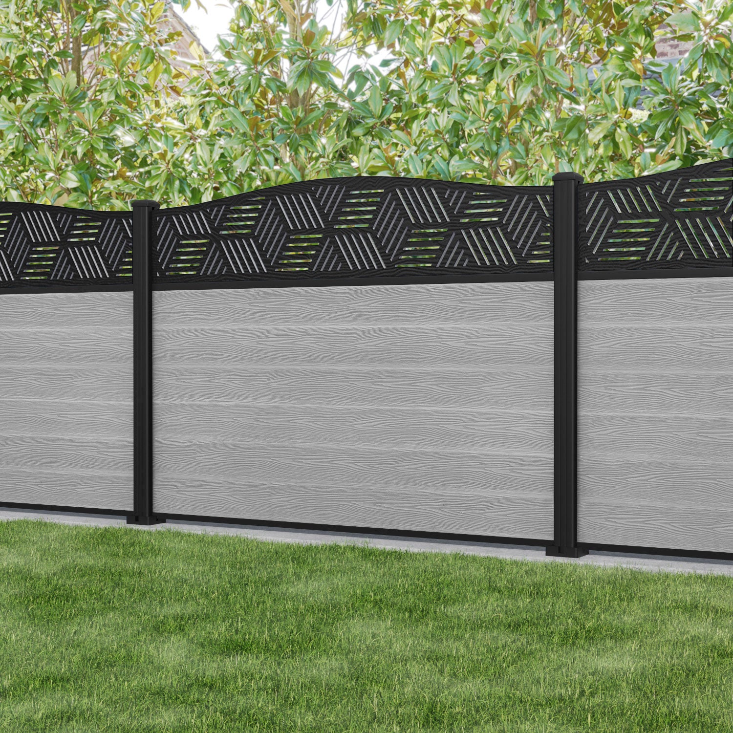 Classic Cubed Curved Top Fence Panel - Light Grey Aluminum Privacy Fence with Durable Posts | Perfect for Backyard, Garden & Poolside Security