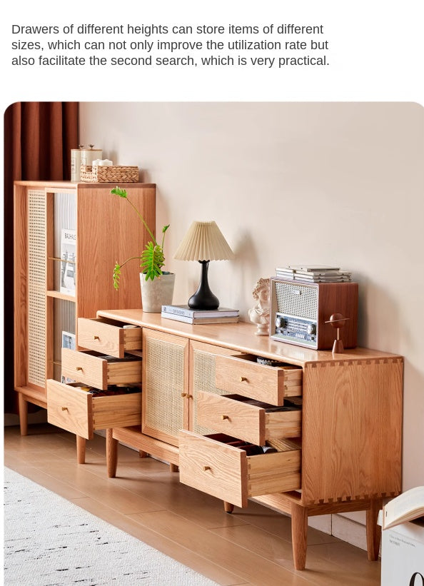 Modern Oak Solid Wood Rattan TV Stand with Storage - Entertainment Center for Living Room, Bedroom & Home Theater Setup