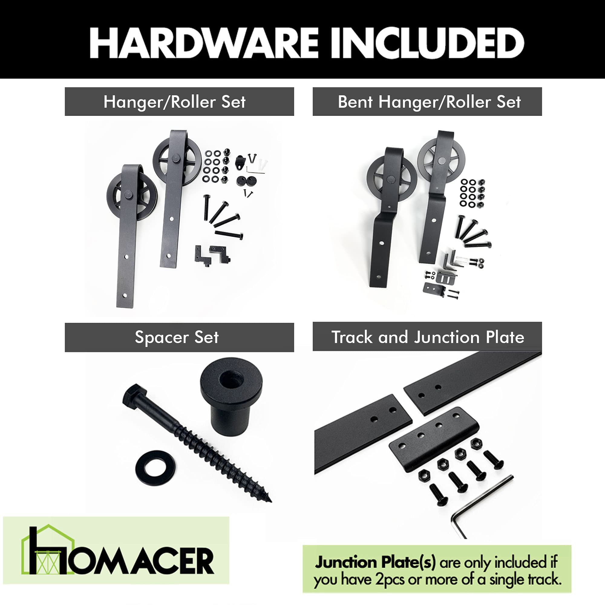 Homacer Black Rustic Single Track Bypass Sliding Barn Door Hardware Kit - 5.5ft Flat Track with Spoke Wheel Rollers (2 Flat + 1 Bent) for 3 Doors - Perfect for Farmhouse, Loft & Industrial Style Homes