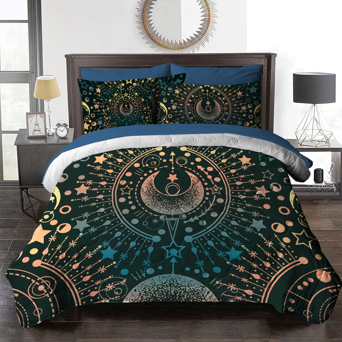 BlessLiving 8-Piece Moon Comforter Set - Teal, Yellow, Pink Star Bedding with Astrology Design, Includes 1 Comforter, 2 Pillow Shams, 1 Flat Sheet, 1 Fitted Sheet, 1 Cushion Cover - Queen Size for Cozy Bedroom Decor & Teen Girls' Room