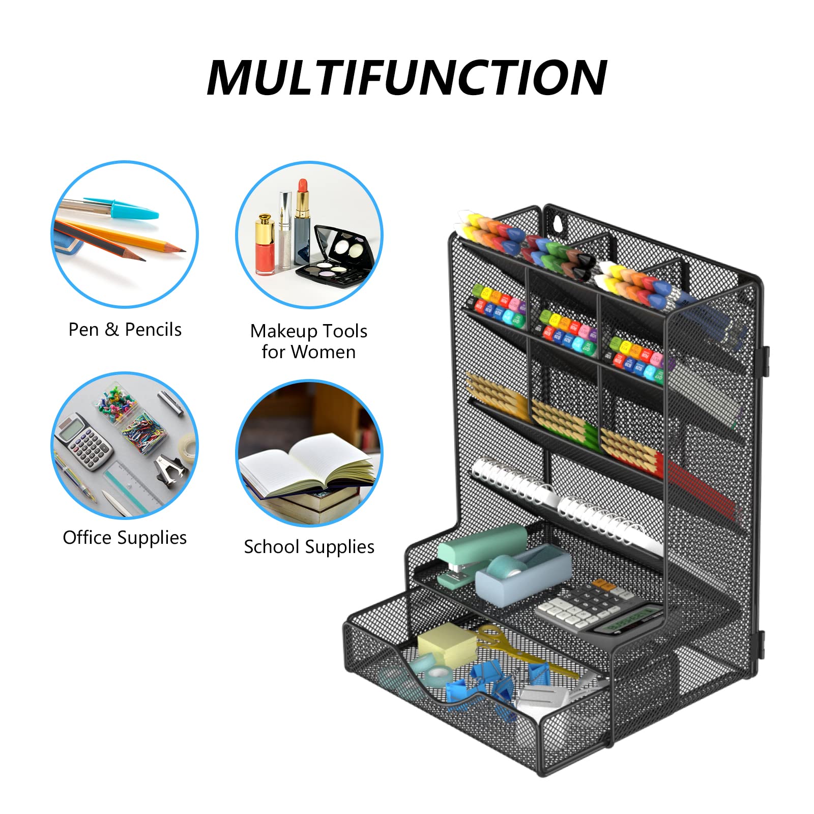 Multi-Functional Desk Pen Organizer with Drawer - Wall Mount Pencil Holder for School, Office & Home - Perfect for Art Supplies, Stationery & Craft Storage (Black) | Ideal for Workspace Organization & Creative Projects