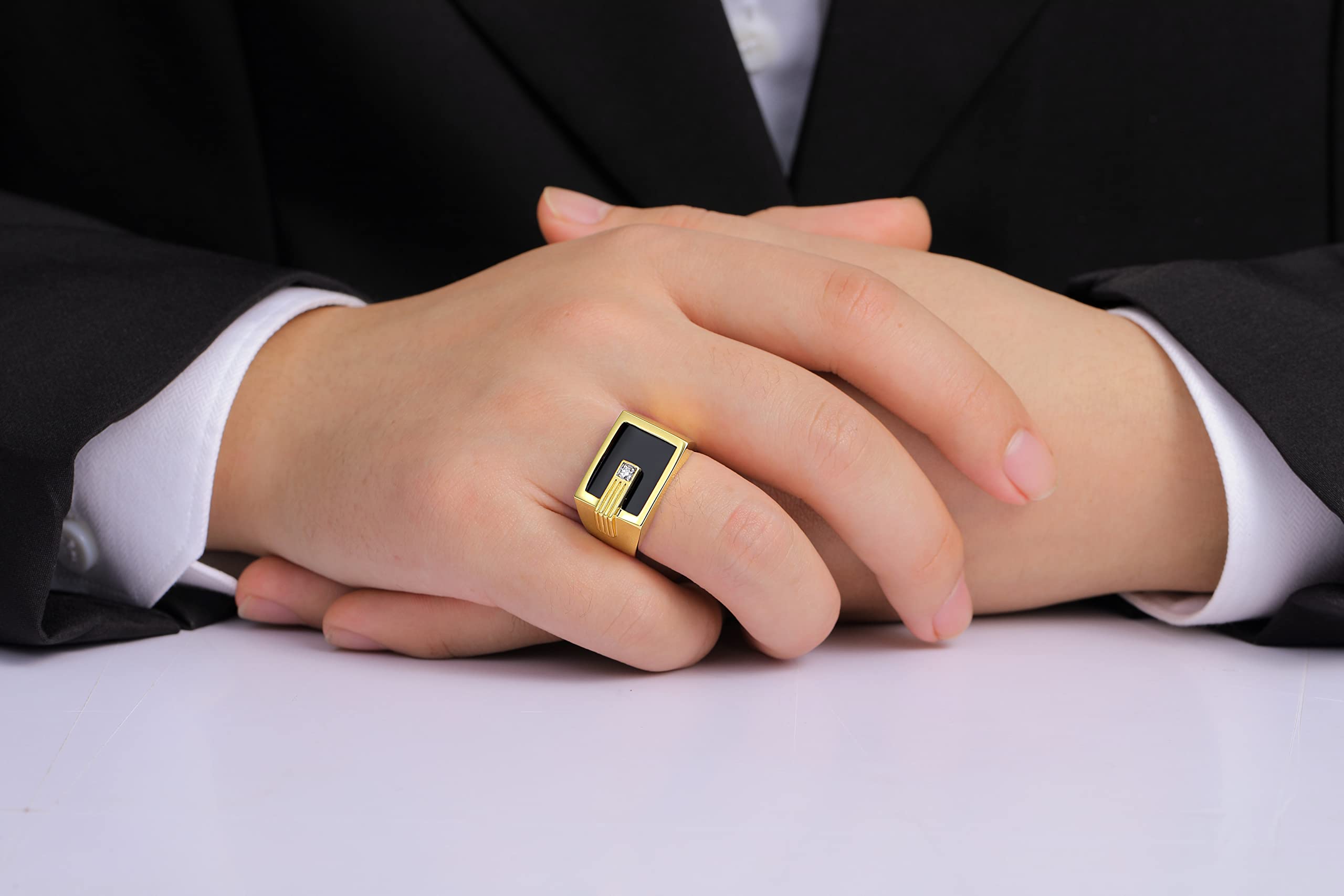 14K Yellow Gold Men's Ring with Diamond & Black Onyx - Designer Wedding Band for Men - Sizes 8-13 - Perfect for Gifts, Anniversaries & Special Occasions