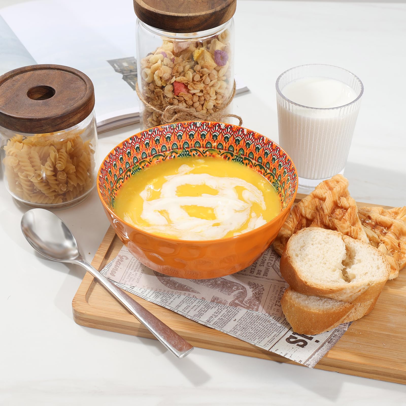KitchenTour 6-Piece Ceramic Cereal Bowls Set - 26oz Microwave & Dishwasher Safe Soup Bowls for Oatmeal, Salad, Pasta, Dessert - Colorful 6.4 Inch Serving Bowls for Dining, Kitchen, Restaurant & Party Use