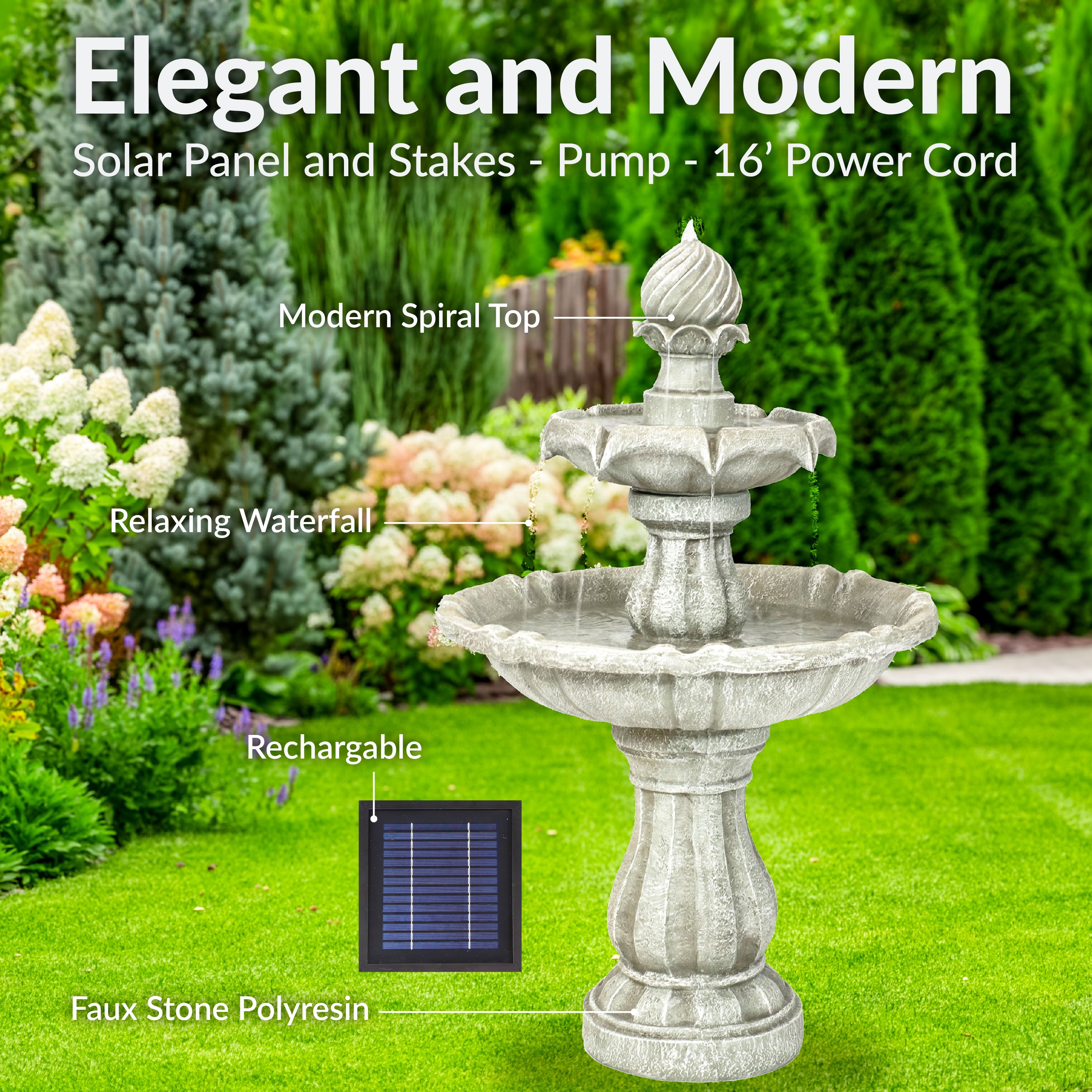 Sunnydaze 2-Tier Solar Powered Outdoor Water Fountain with Battery Backup - Perfect for Garden, Patio, and Backyard Decor