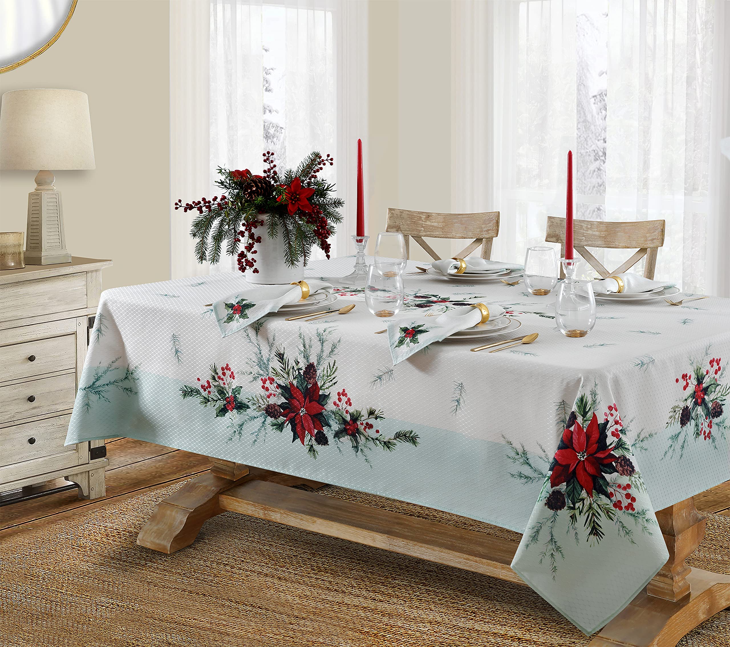 Lintex Holly Bough Stonewashed Christmas Tablecloth - Poinsettia & Holly Sage Design, 60x120 Inch Rectangle Holiday Table Cover | Perfect for Christmas Dinner, Holiday Parties & Festive Home Decor