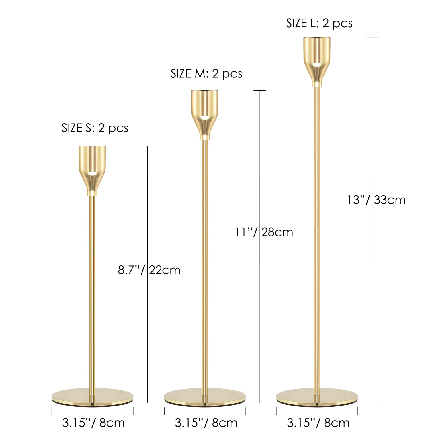 Gold Candle Holders Set of 6 - Modern Taper Candlesticks for Wedding & Dining Decor